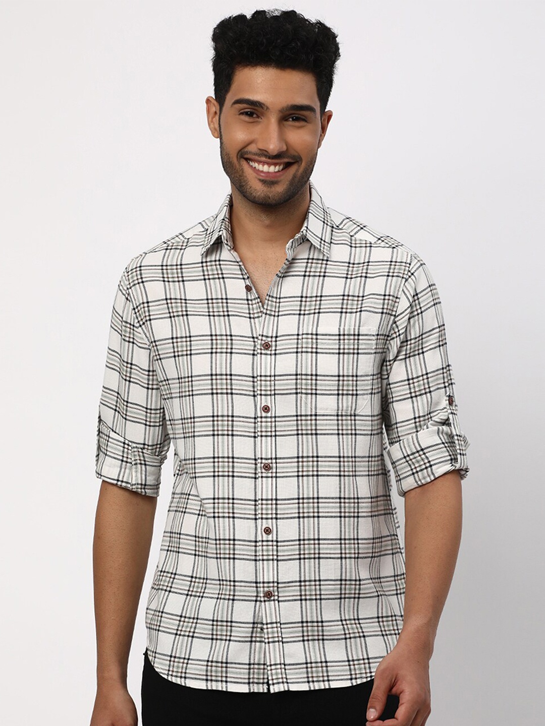 

R&B Tartan Checks Spread Collar Cotton Casual Shirt, White