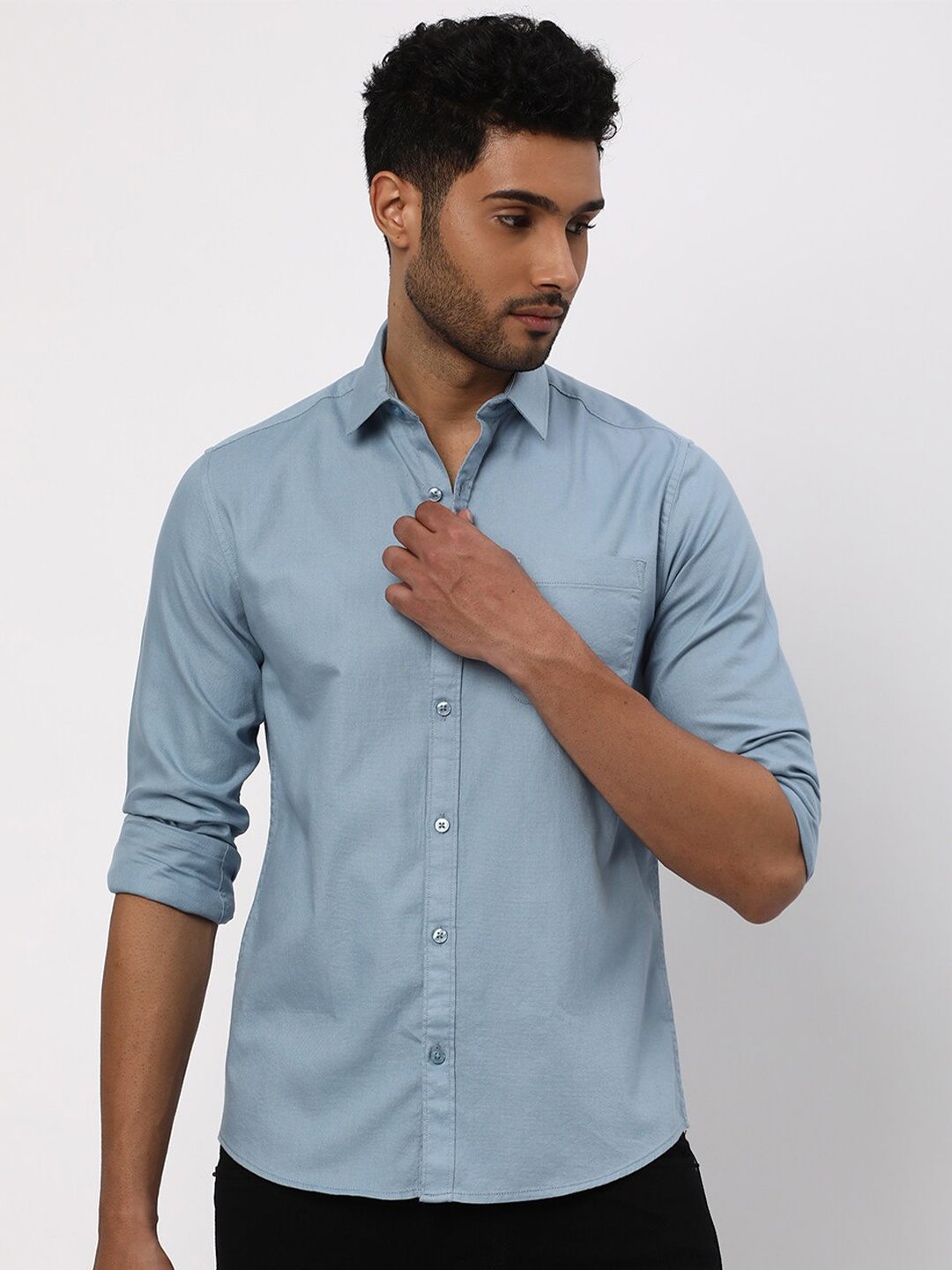 

R&B Spread Collar Cotton Casual Shirt, Blue