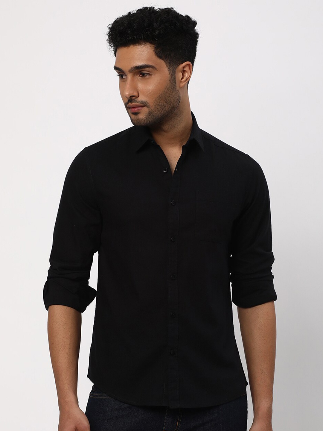 

R&B Spread Collar Cotton Casual Shirt, Black