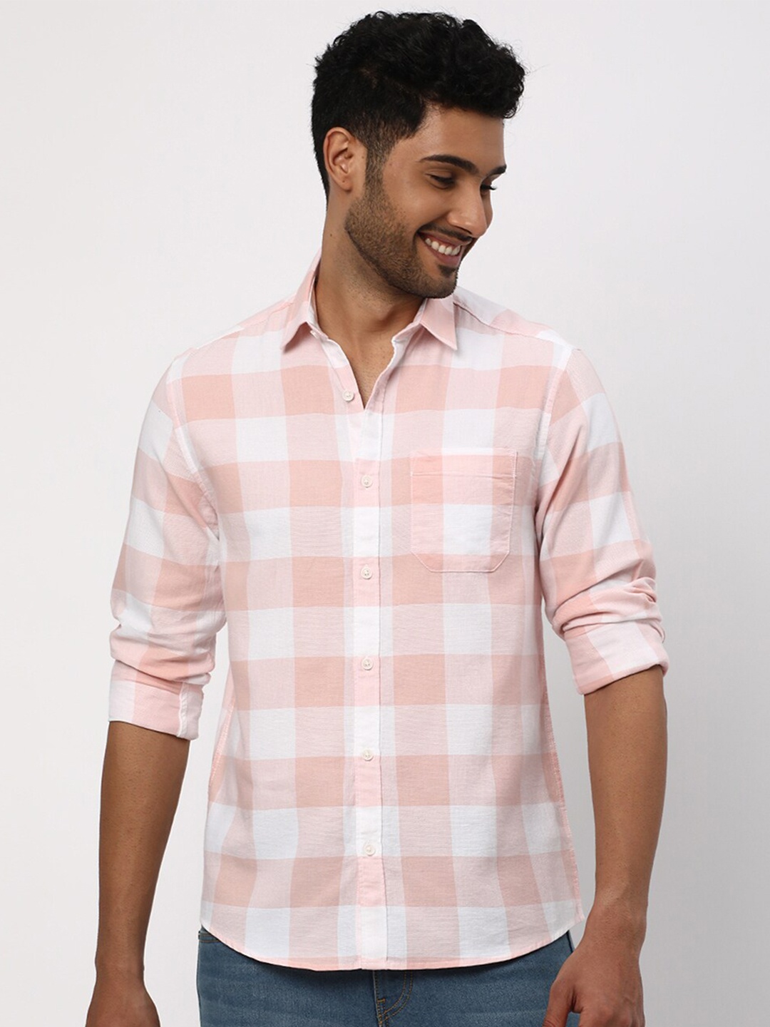 

R&B Spread Collar Buffalo Checks Cotton Casual Shirt, Pink