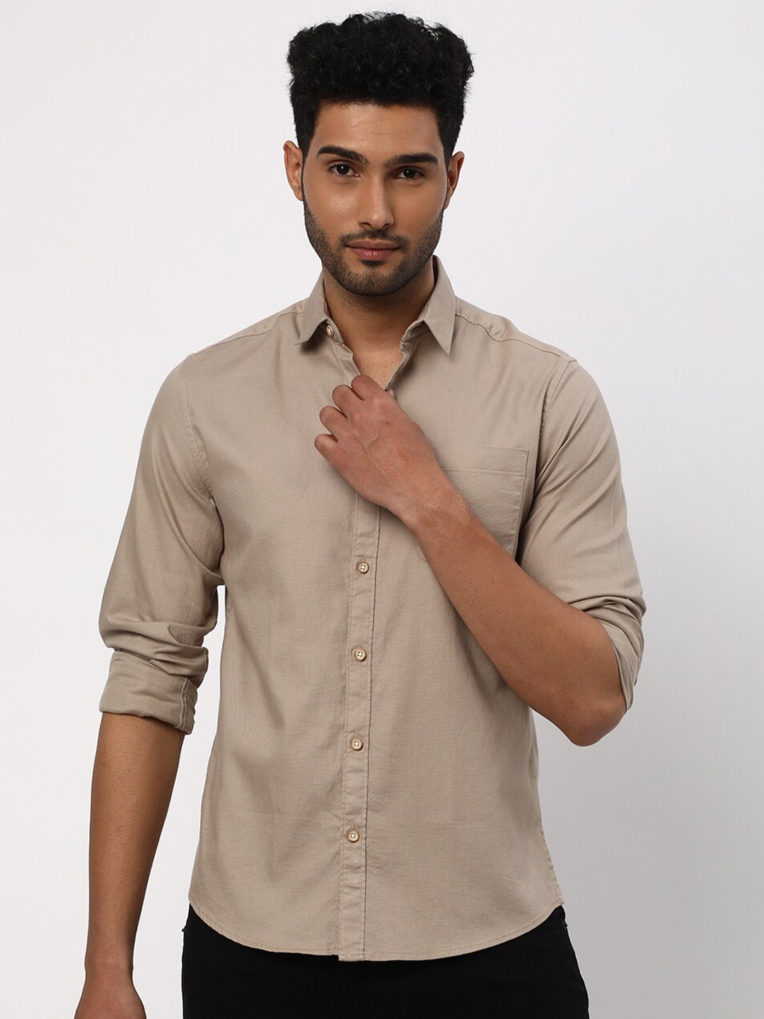 

R&B Spread Collar Cotton Casual Shirt, Khaki