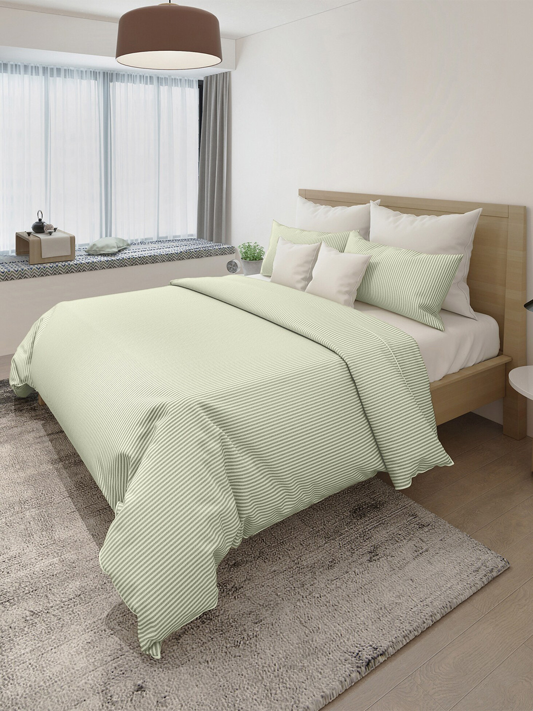 

LABHAM Green Striped 144 TC King Bedsheet with 2 Pillow Covers