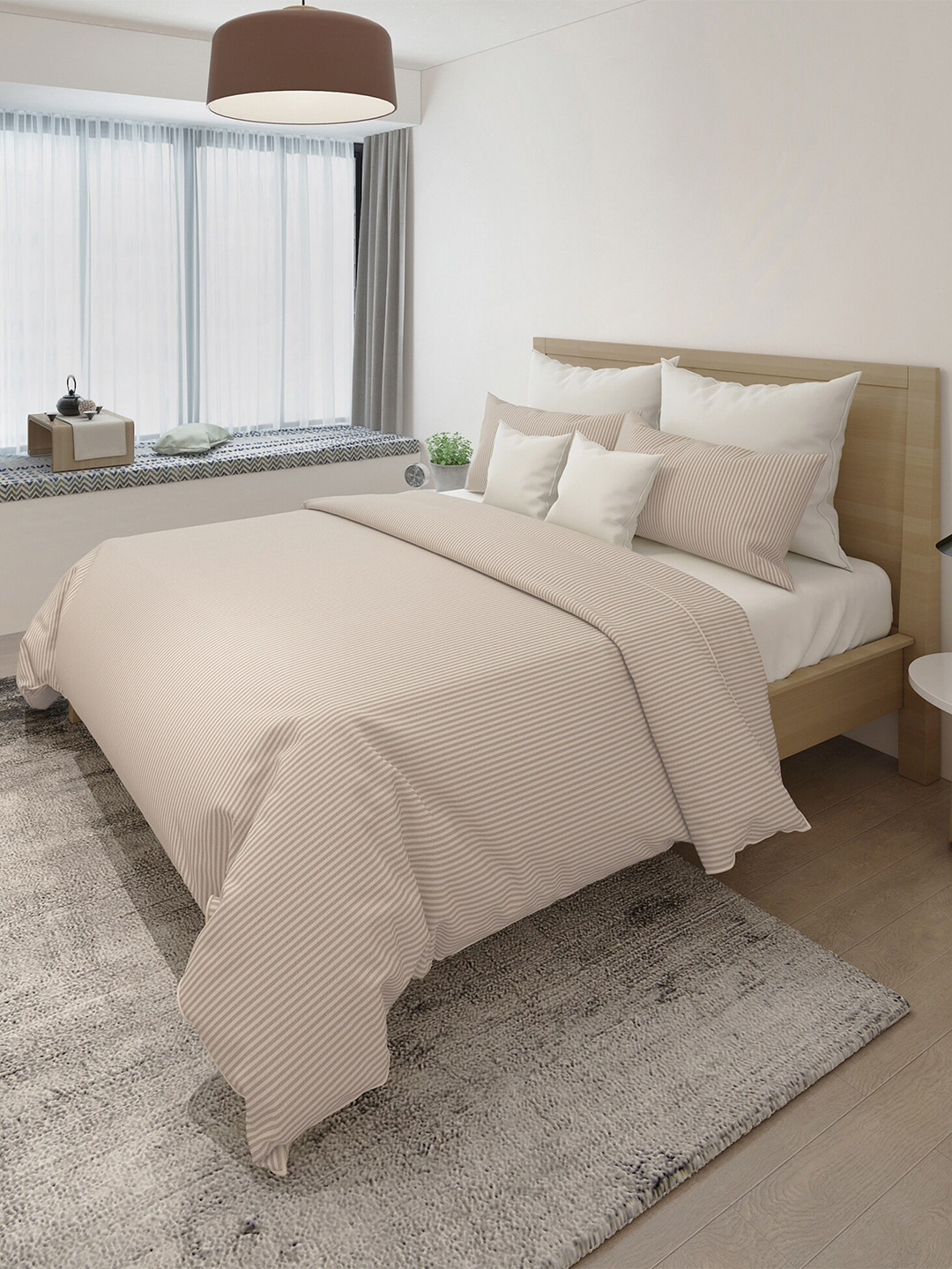 

LABHAM Beige Striped 144 TC King Bedsheet with 2 Pillow Covers