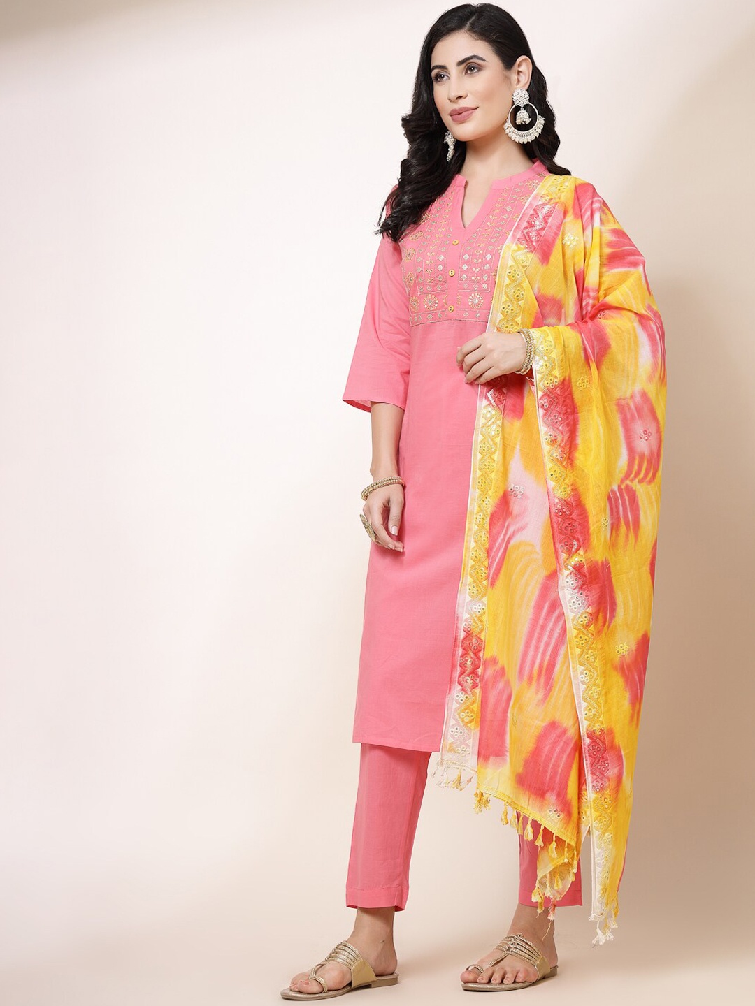 

Sangria Floral Yoke Design Mandarin Collar Pure Cotton Kurta Set With Dupatta, Peach