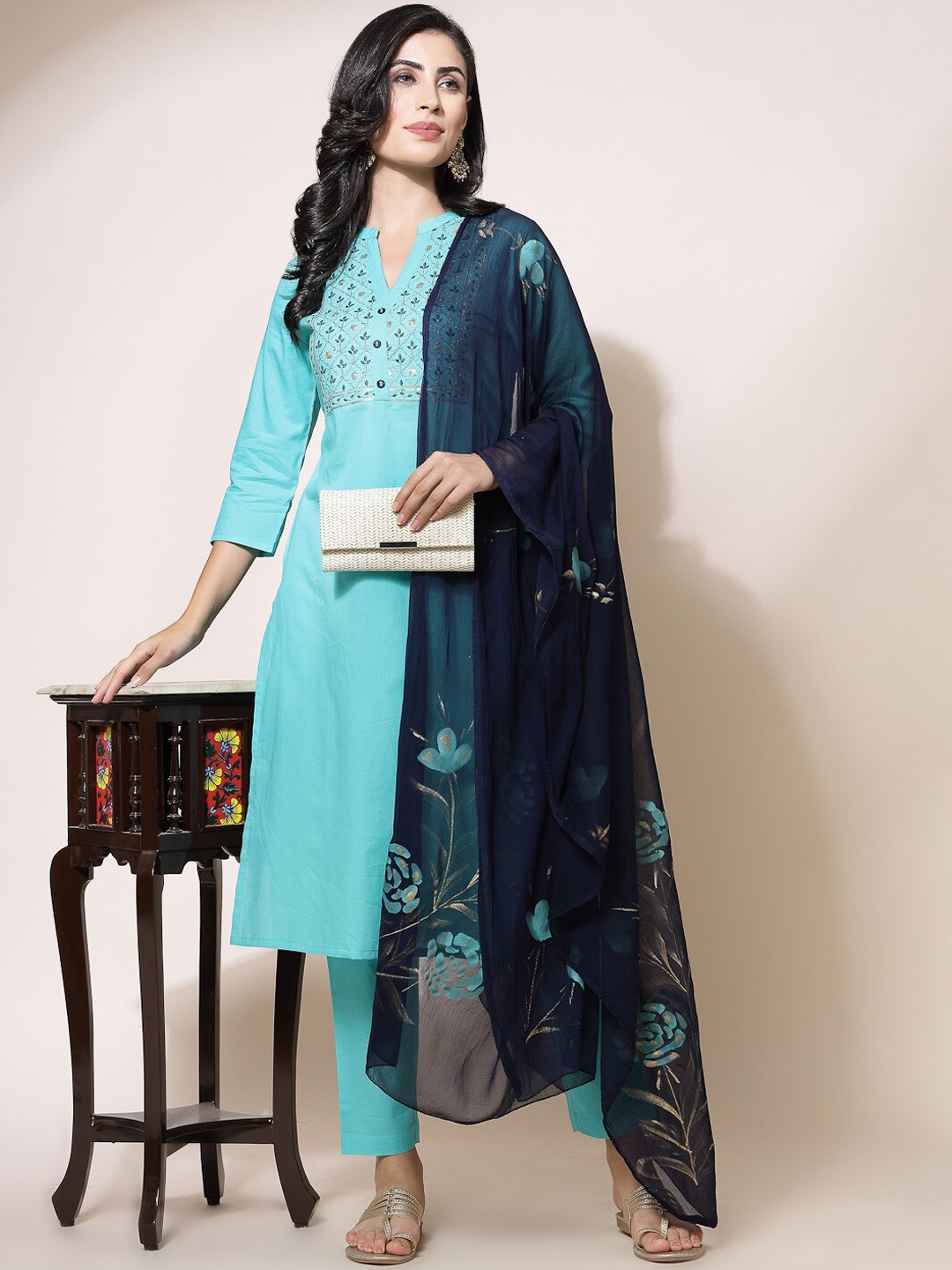 

Sangria Floral Yoke Design Mandarin Collar Pure Cotton Kurta Set With Dupatta, Turquoise blue