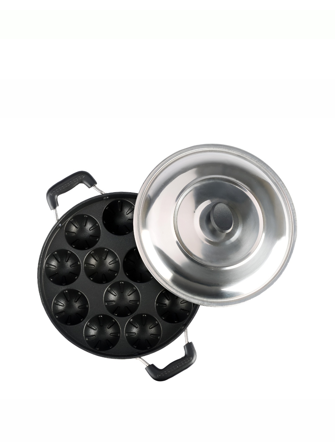 

Sumeet Black Aluminum Dishwasher Safe Appam Patra With Lid, Silver