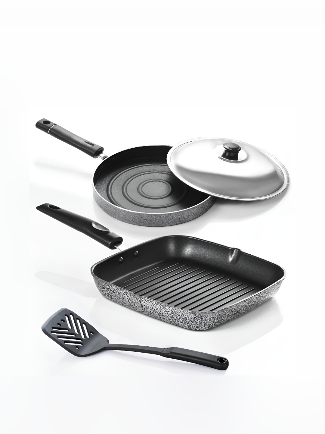 

Sumeet 2 Pieces Black Aluminum Nonstick Grill pan & Pizza pan With Lid, Silver