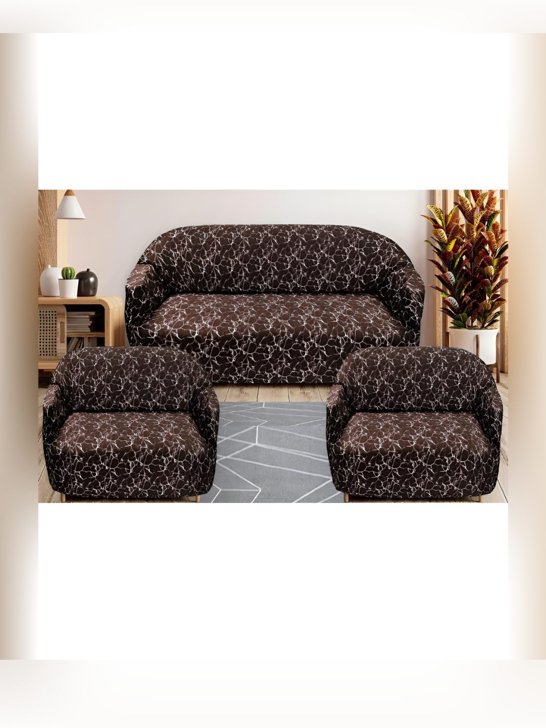 

Stuff N' Fluff Brown & White 3 Pieces Printed 5 Seater Sofa Cover With Arms