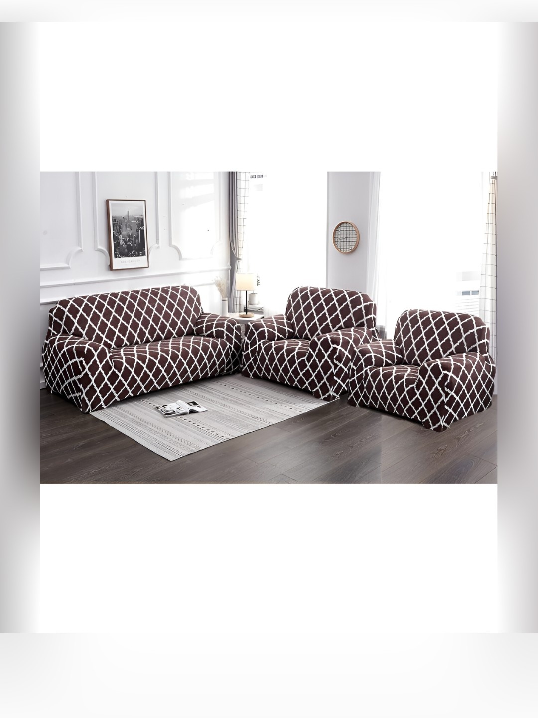 

Stuff N' Fluff Brown & White 3 Pieces Printed 5 Seater Sofa Cover With Arms