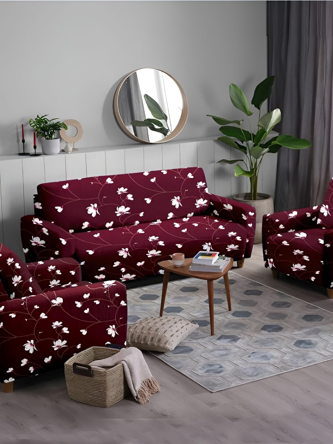 

Stuff N' Fluff Maroon & White 3 Pieces Printed 5 Seater Sofa Cover With Arms