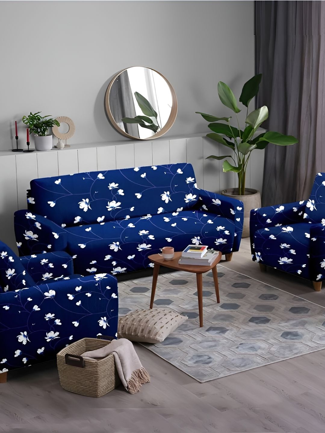 

Stuff N' Fluff Navy Blue & White 3 Pieces Printed 5 Seater Sofa Cover With Arms
