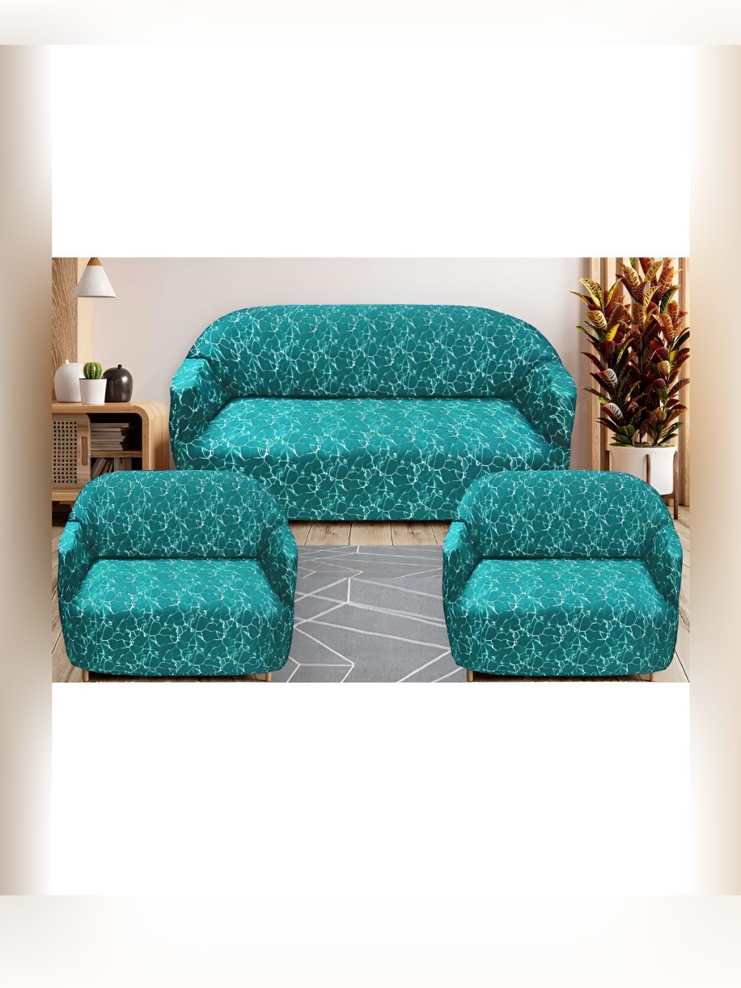 

Stuff N' Fluff Teal & White 3 Pieces Printed 5 Seater Sofa Cover With Arms