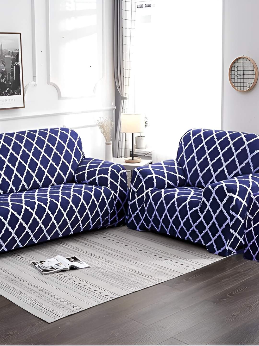 

Stuff N' Fluff Navy Blue & White 3 Pieces Printed 5 Seater Sofa Cover With Arms