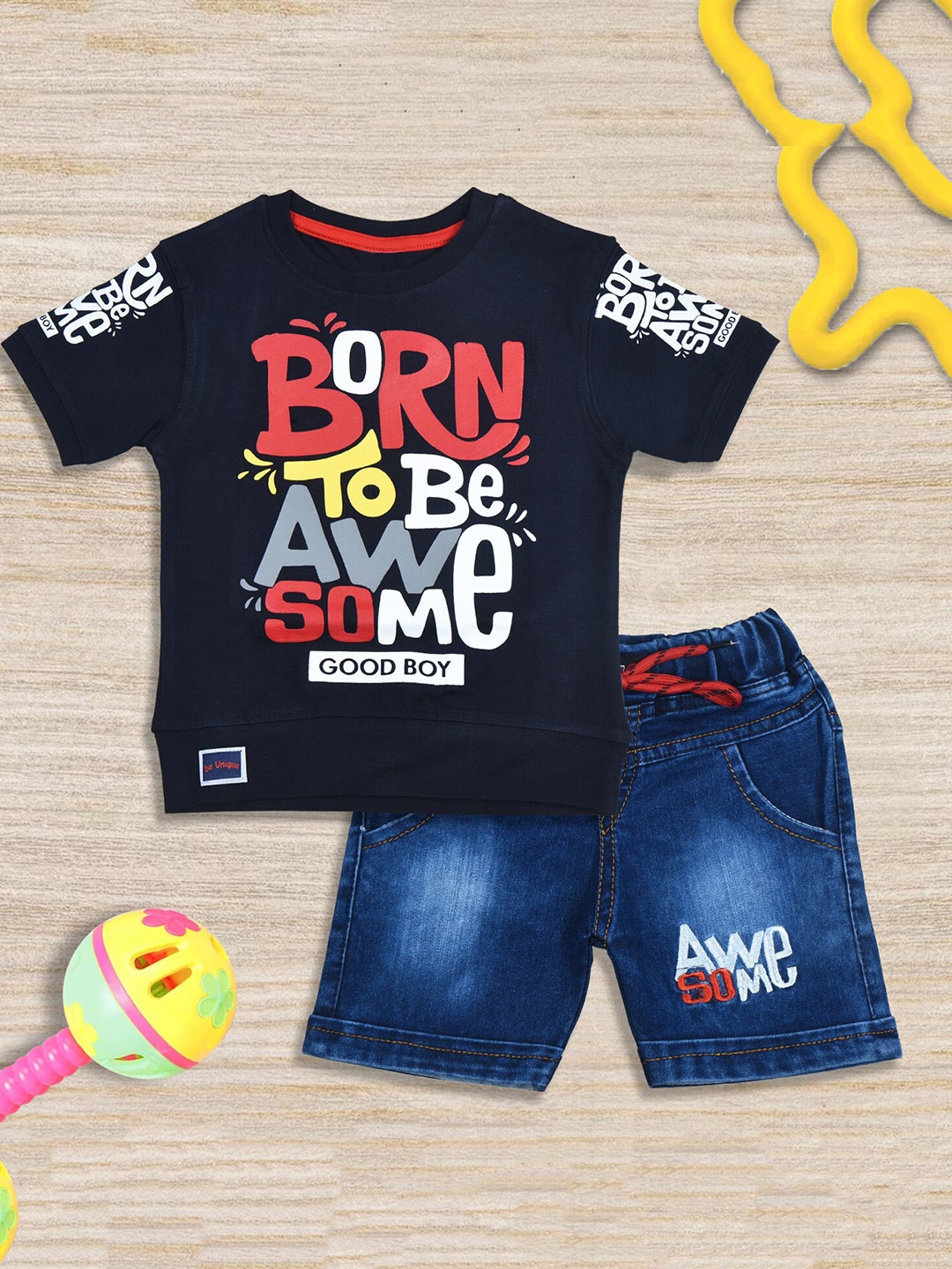 

BAESD Boys Printed Pure Cotton T-shirt With Denim Shorts, Navy blue