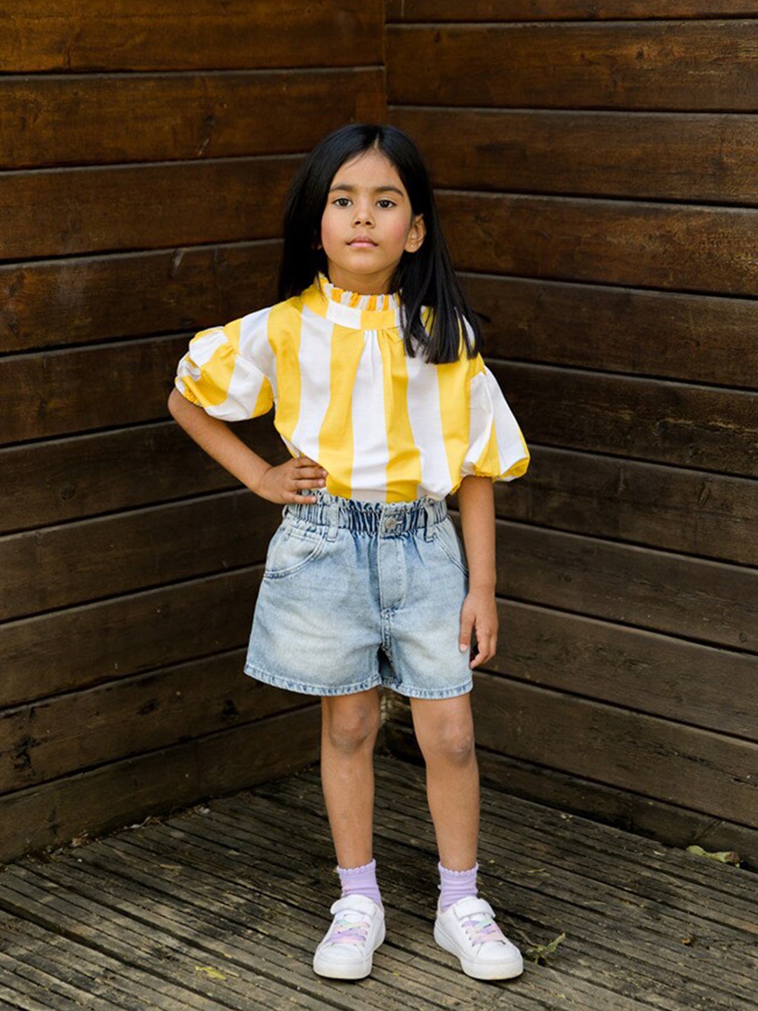 

Fairies Forever Striped Puff Sleeves Blouson Pure Cotton Top, Yellow