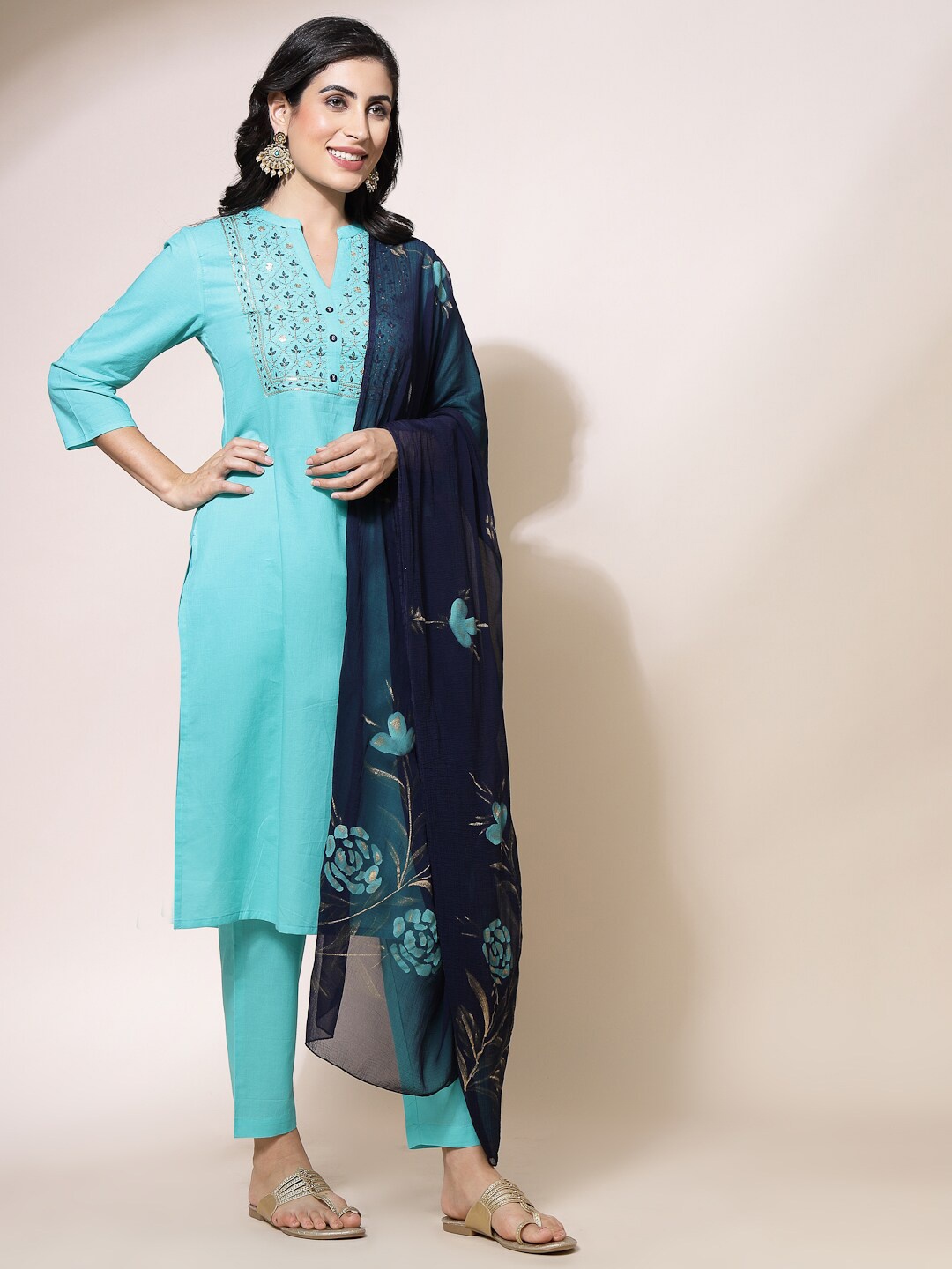 

Ramas Floral Yoke Design Mandarin Collar Pure Cotton Kurta Set With Dupatta, Turquoise blue