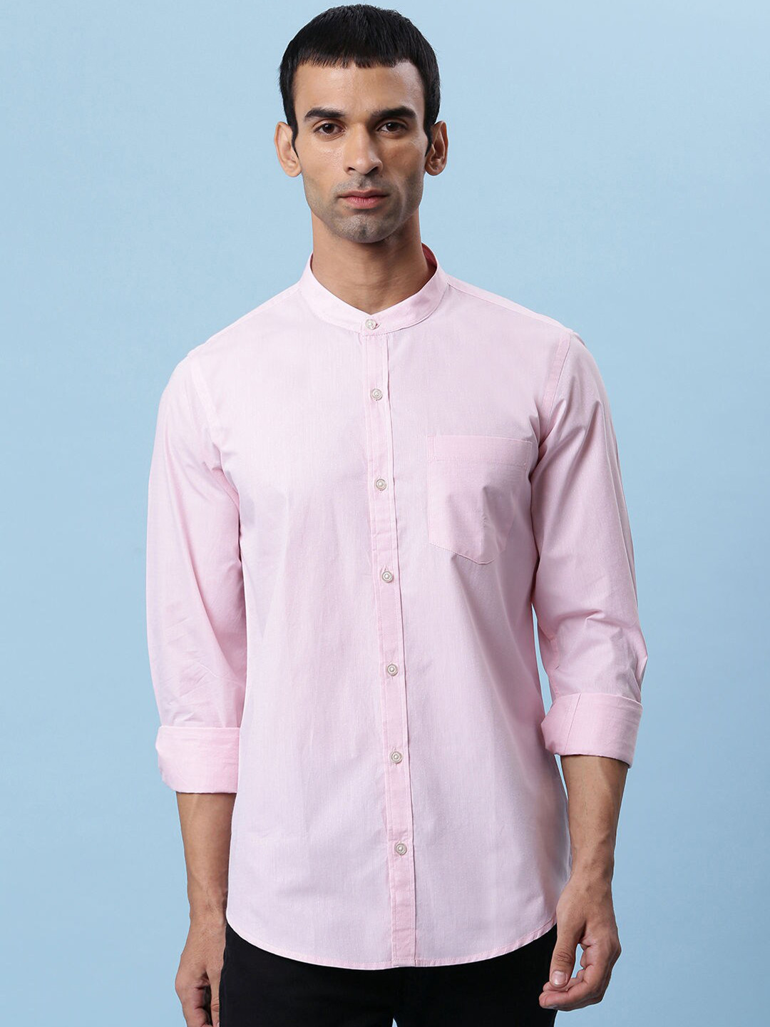 

Quwa Classic Slim Fit Band Collar Cotton Casual Shirt, Pink
