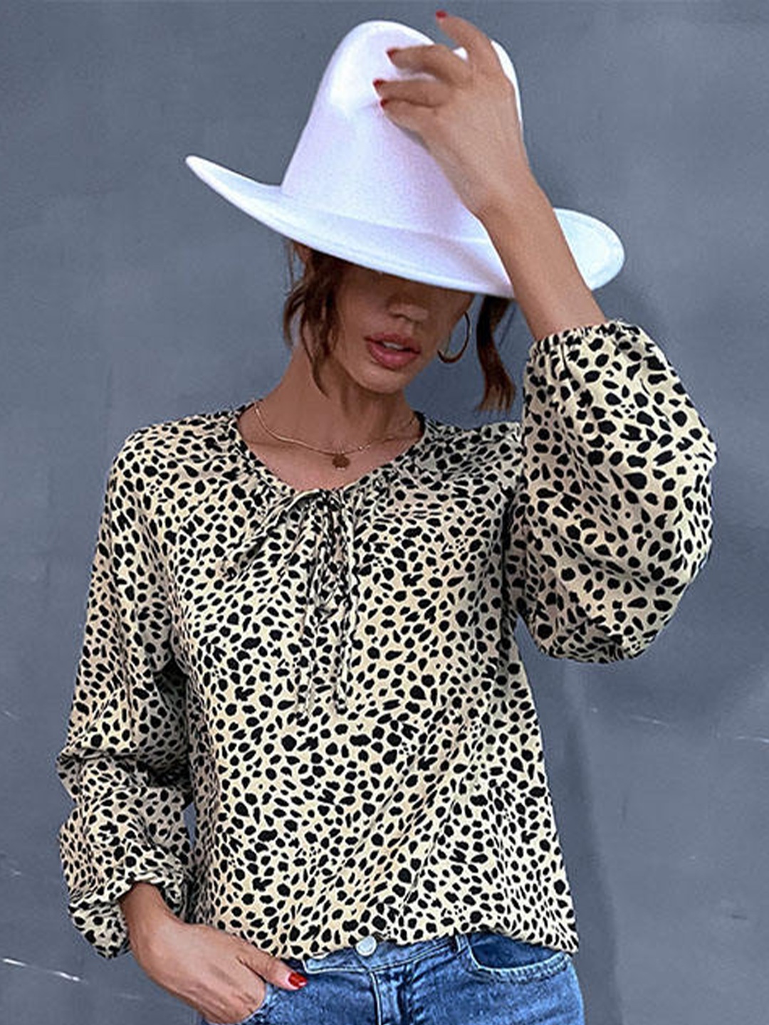 

StyleCast Khaki Animal Printed Tie-Up Neck Puff Sleeves Top