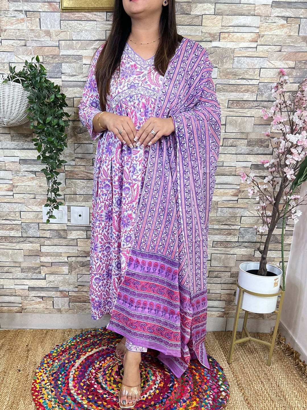 

KALINI Floral Printed Empire Pure Cotton Kurta With Trousers & Dupatta, Purple