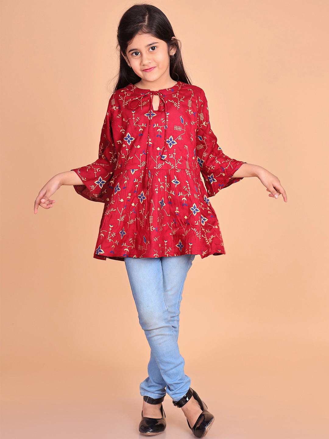 

BAESD Girls Floral Printed Ruffled Tie Up Ruffled A-Line Top, Red
