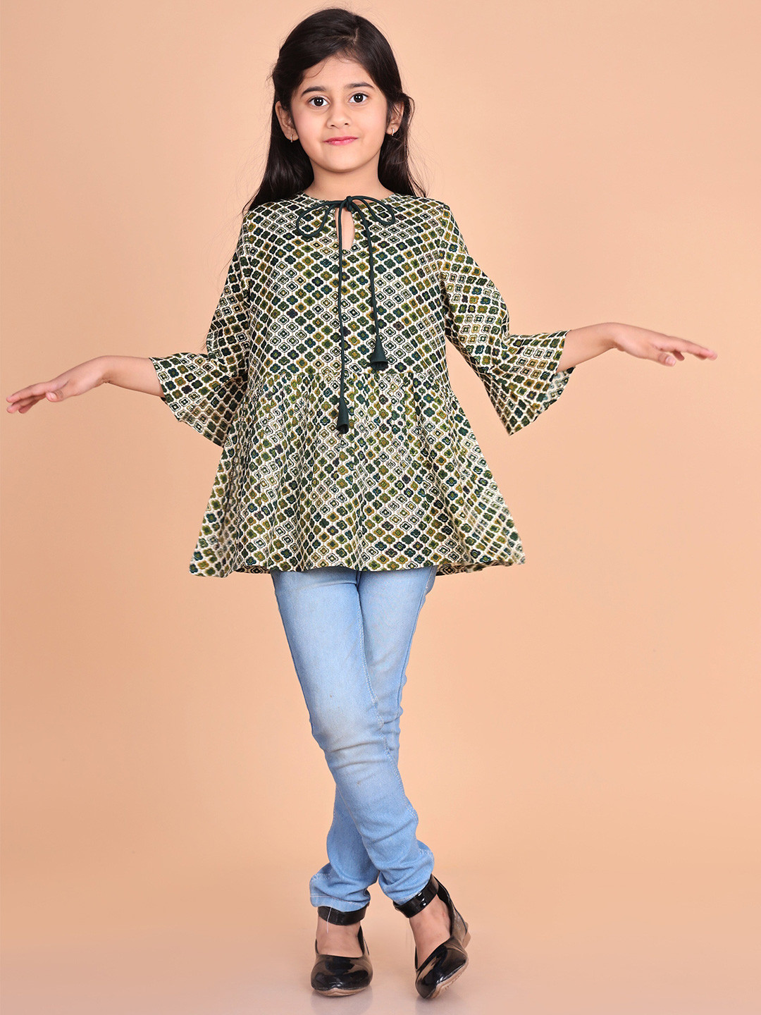 

BAESD Girls Floral Printed Ruffled Tie Up Ruffled A-Line Top, Cream