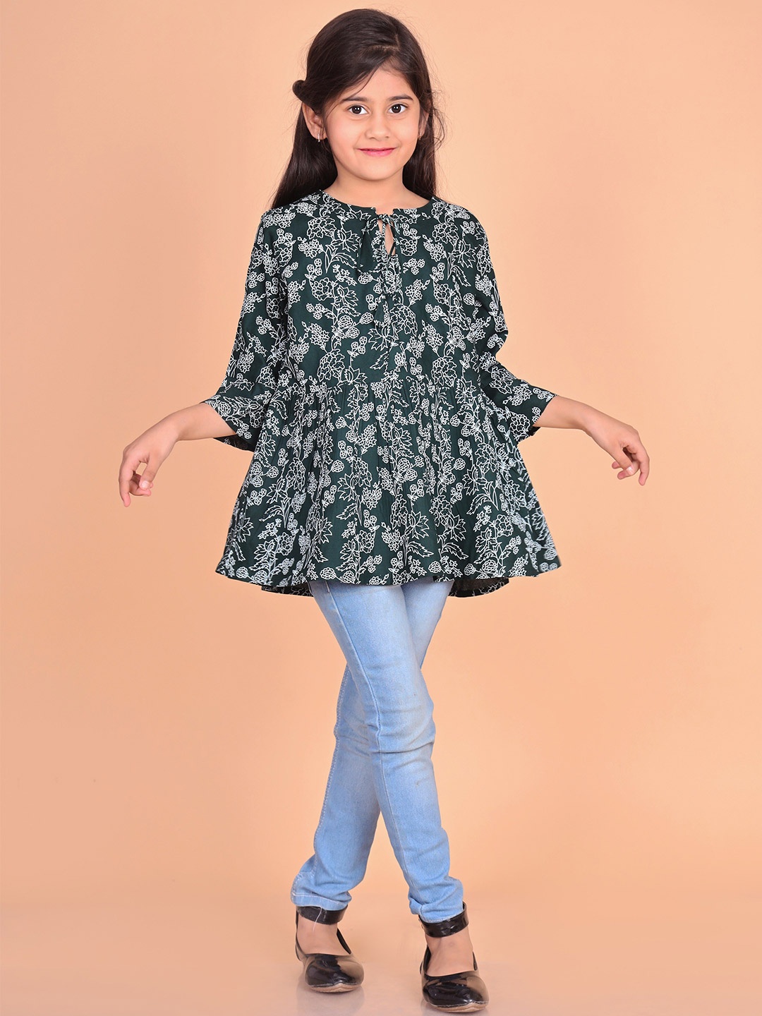 

BAESD Girls Floral Printed Tie-Up Neck Longline Peplum Top, Green