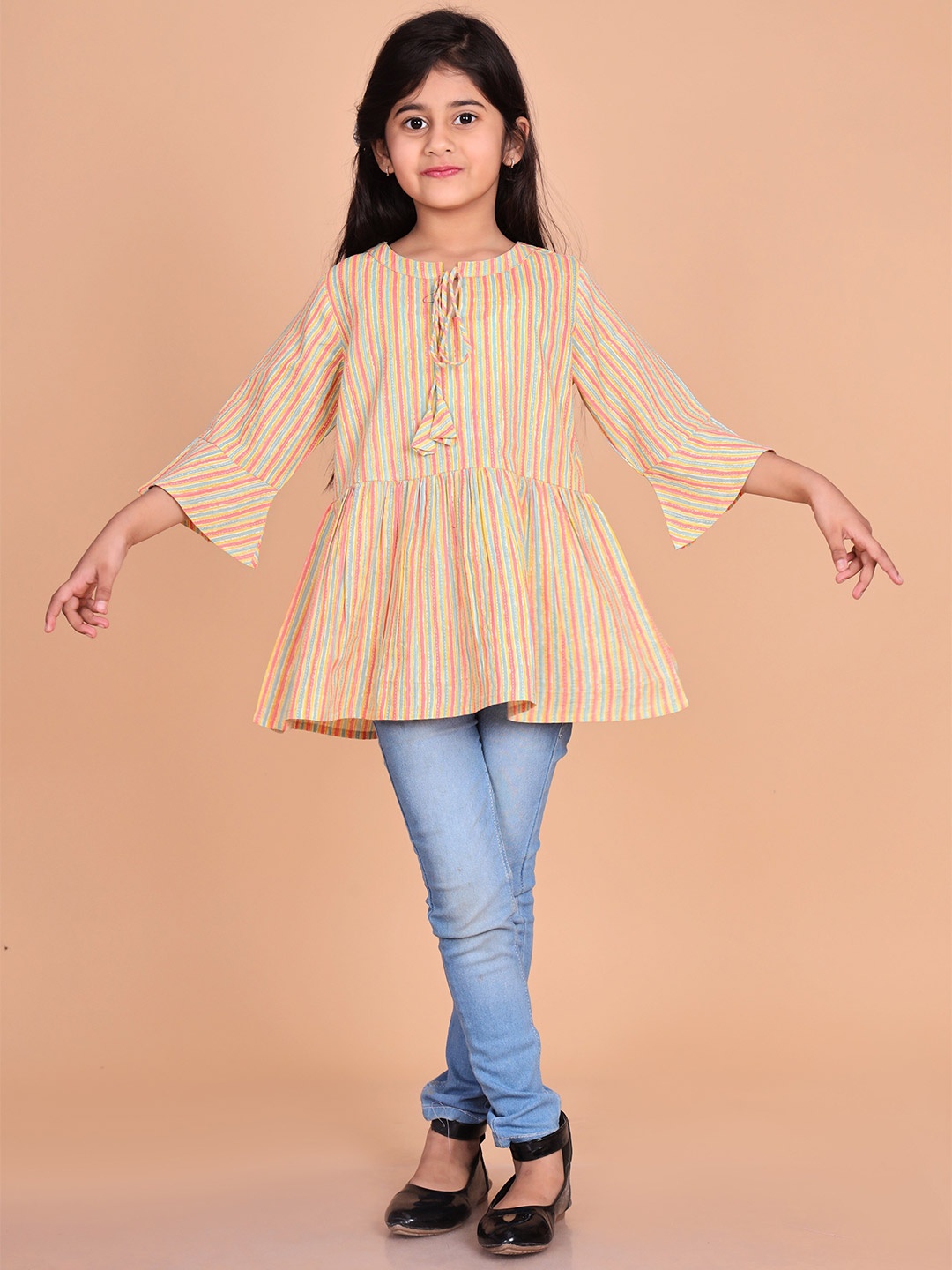 

BAESD Girls Striped Tie-Up Neck Kurti, Yellow