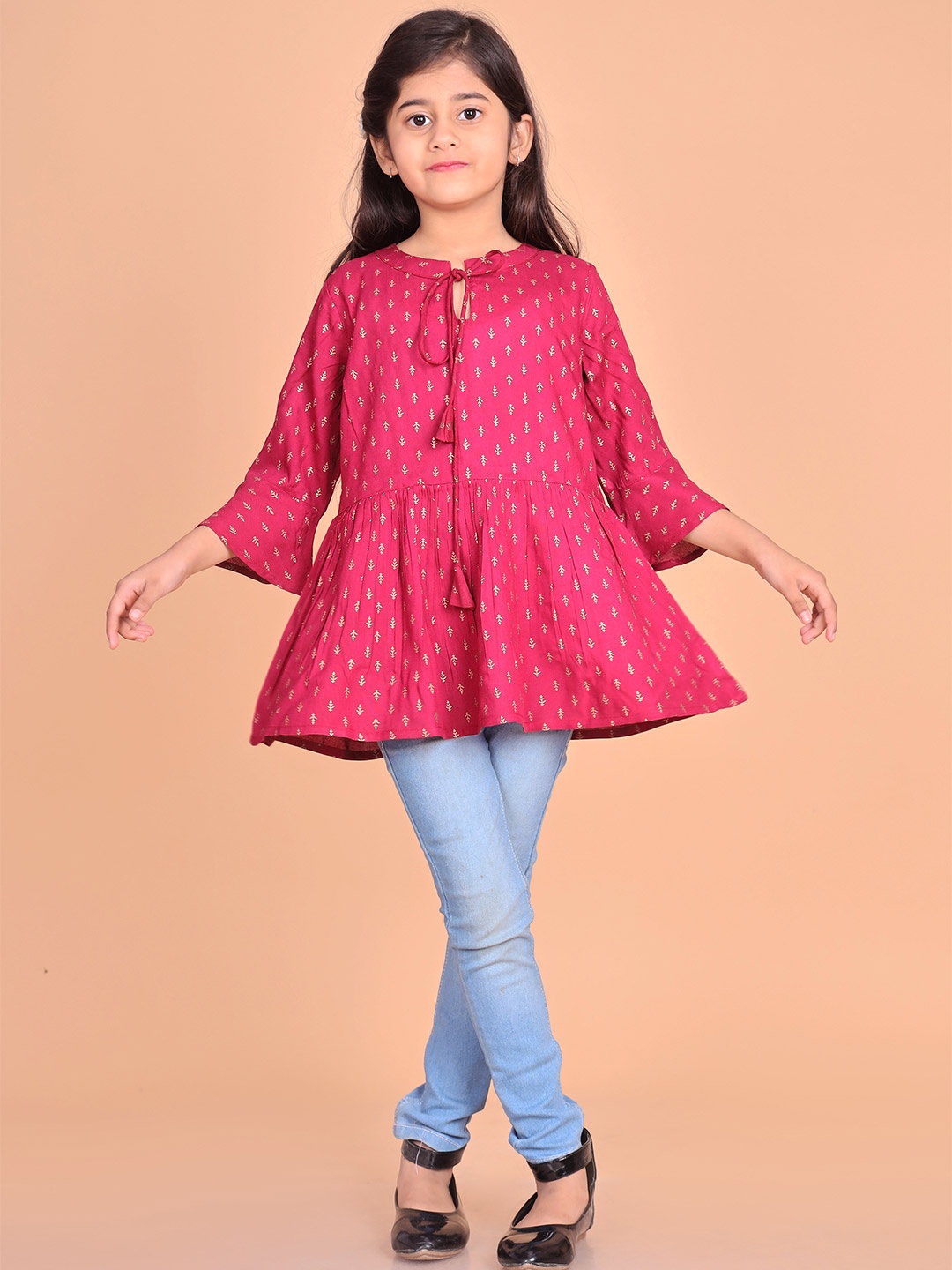 

BAESD Girls Ethnic Motifs Printed Tie-Up Neck Peplum Top, Maroon