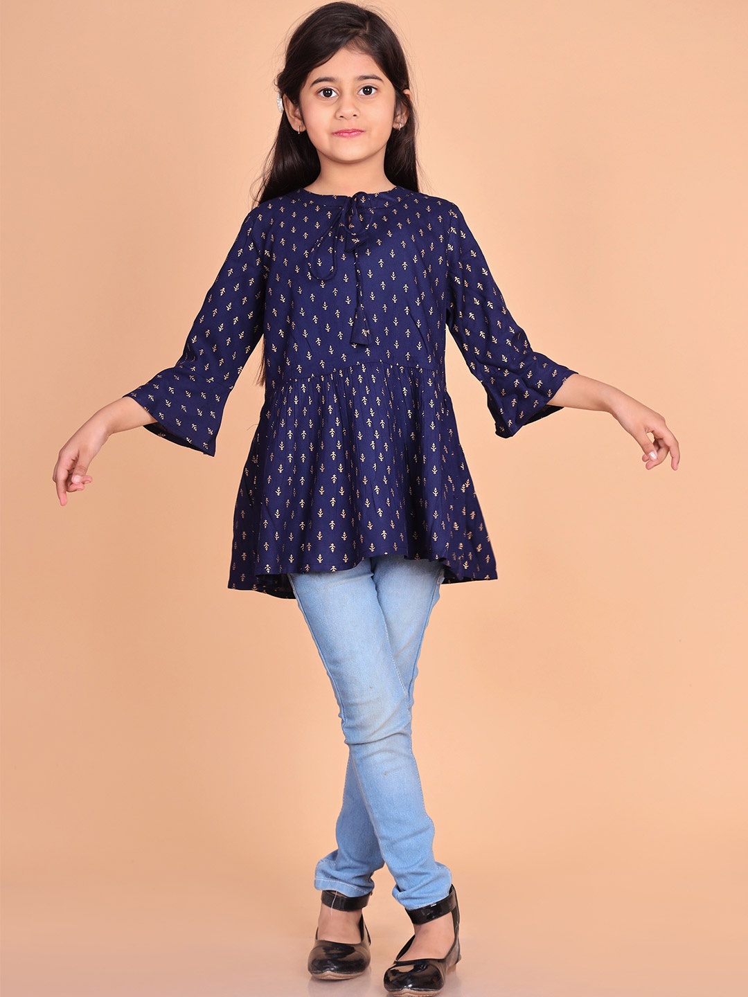 

BAESD Girls Ethnic Motifs Printed Tie-Up Neck Peplum Top, Blue