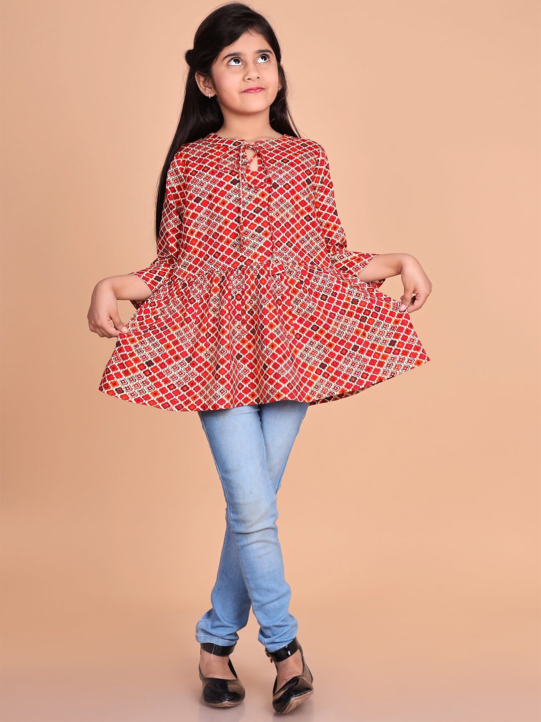 

BAESD Ethnic Motif Printed Bell Sleeves A-Line Top, Red