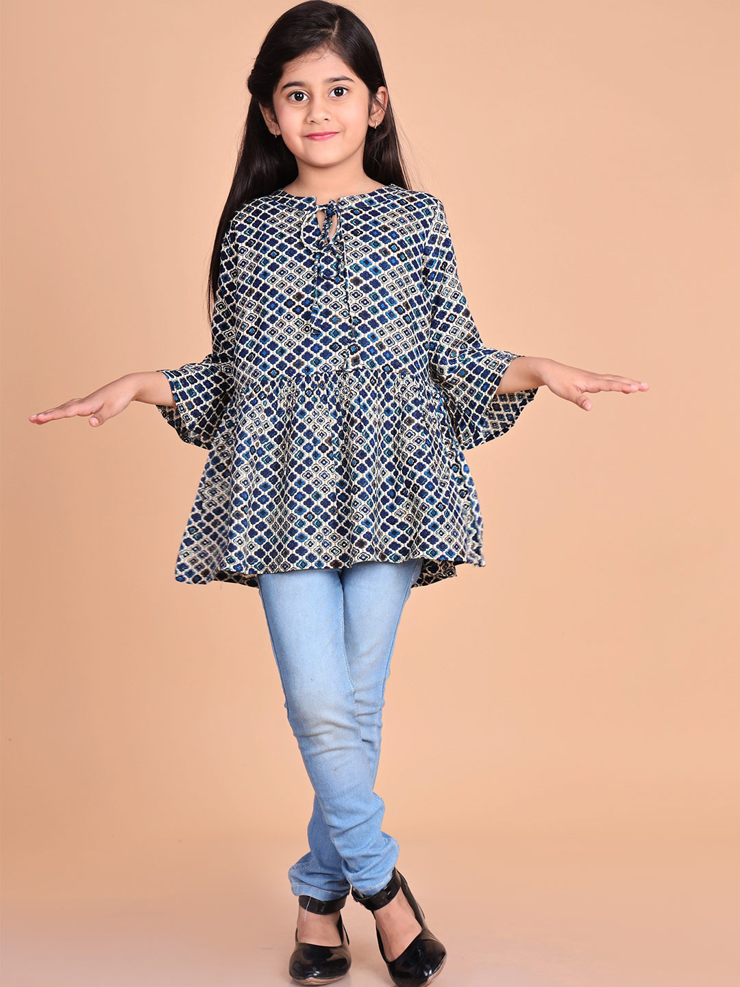 

BAESD Girls Ethnic Motifs Printed Tie-Up Neck Bell Sleeves Longline Peplum Top, Navy blue