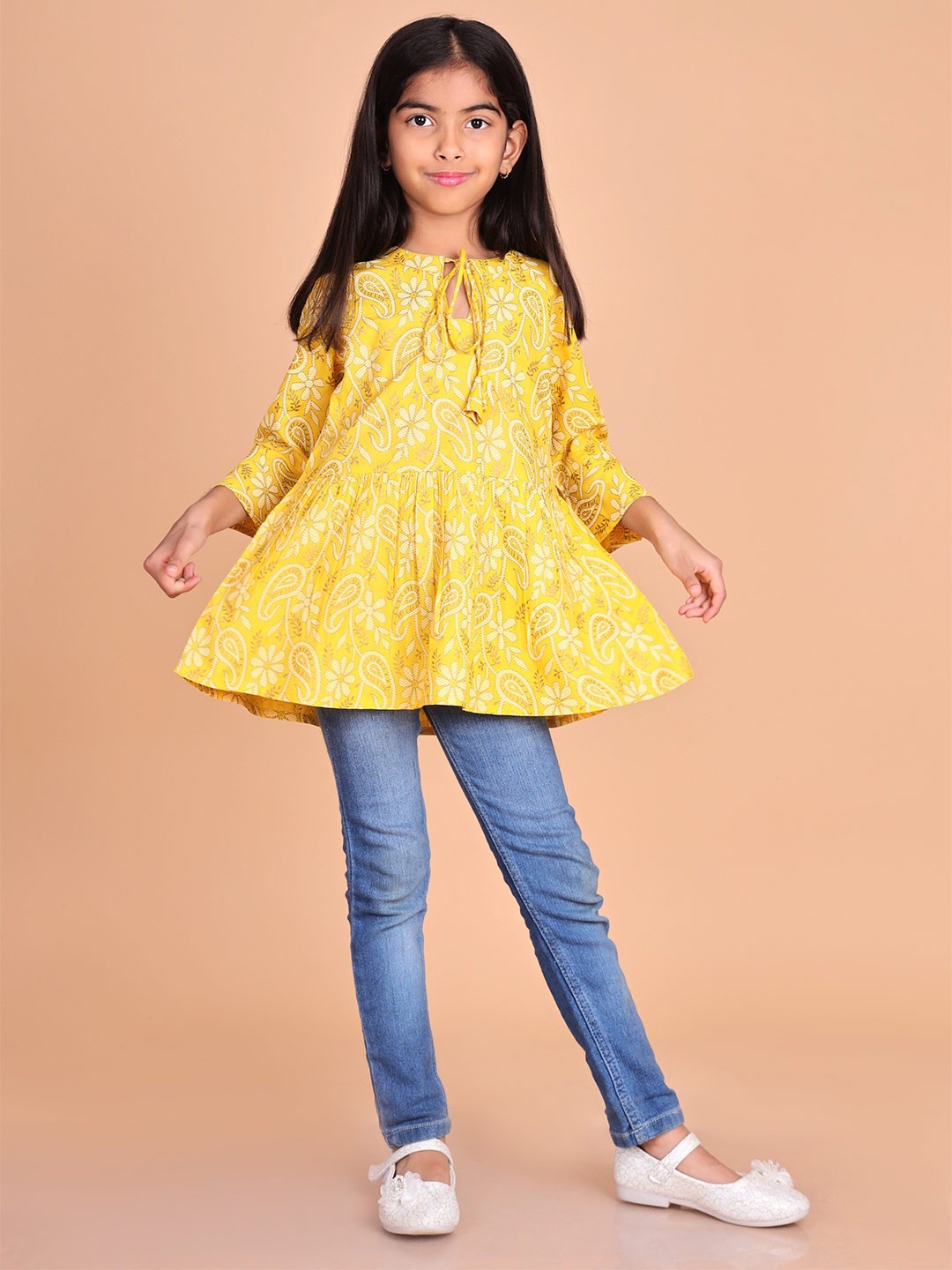 

BAESD Ethnic Motifs Printed Tie-Up Neck Bell Sleeves A-Line Top, Yellow