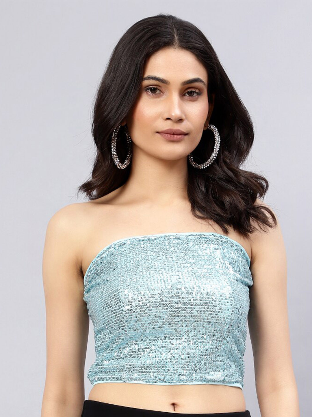 

DIAZ Embellished Sequinned Off-Shoulder Tube Crop Top, Blue