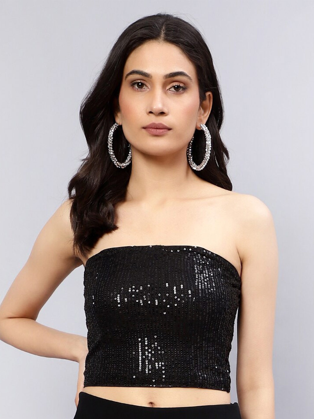 

DIAZ Embellished Strapless Sequined Detail Crop Tube Top, Black