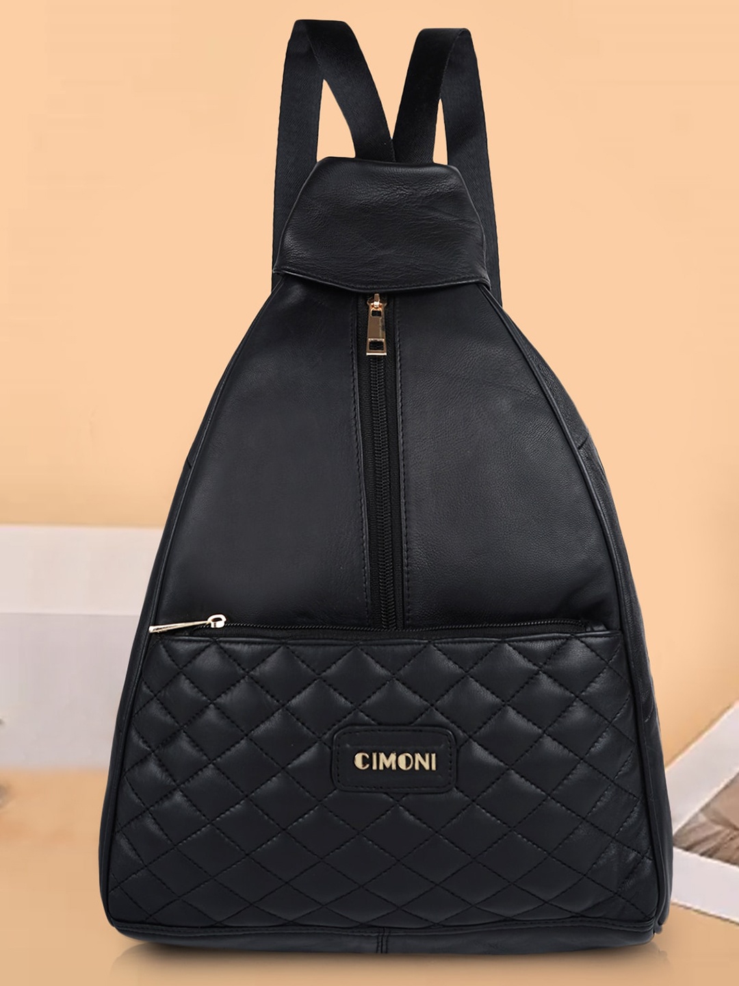

CIMONI Textured Leather Backpack With Quilted, Black
