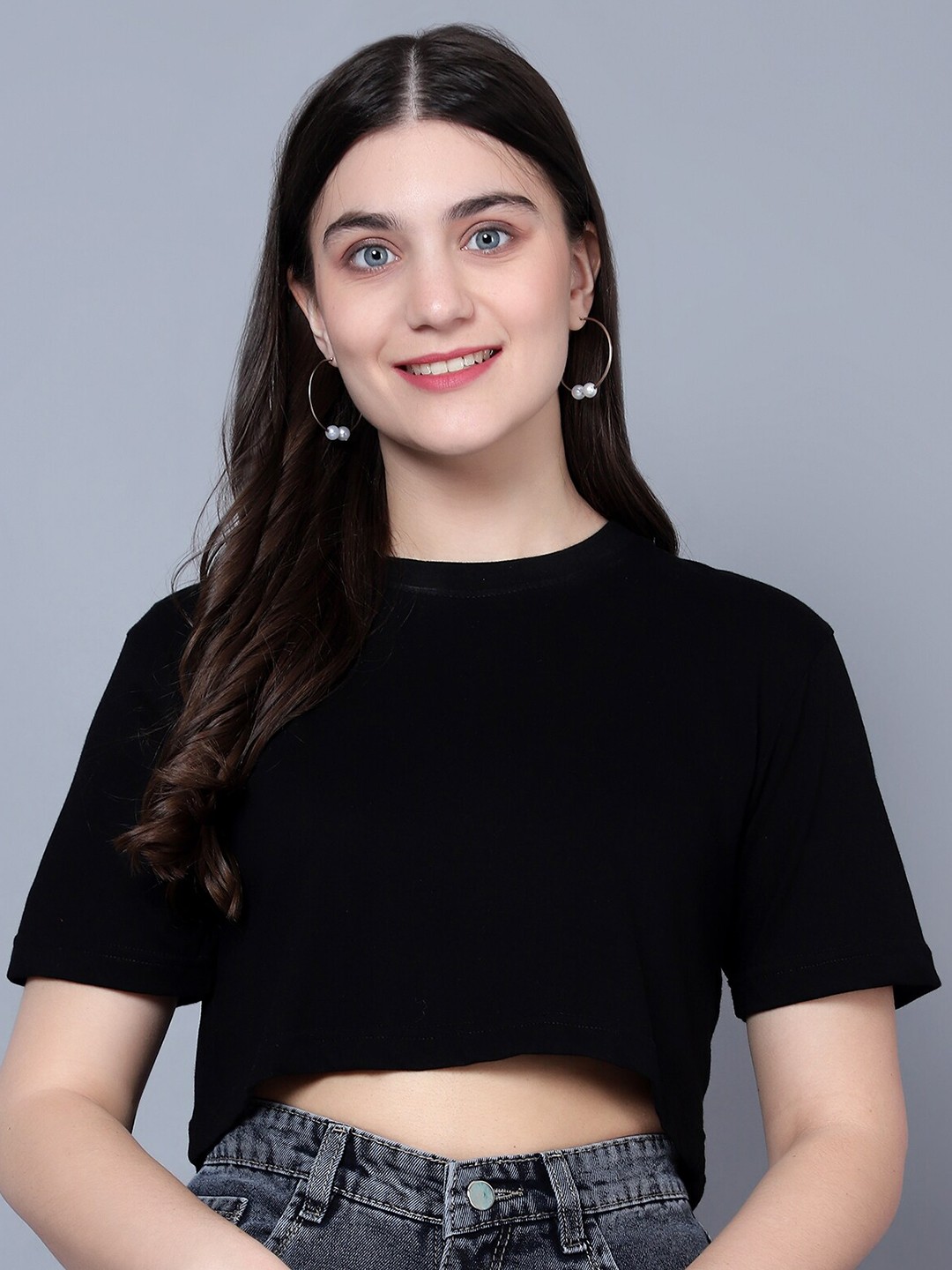 

DIAZ Round Neck Cotton Crop Top, Black
