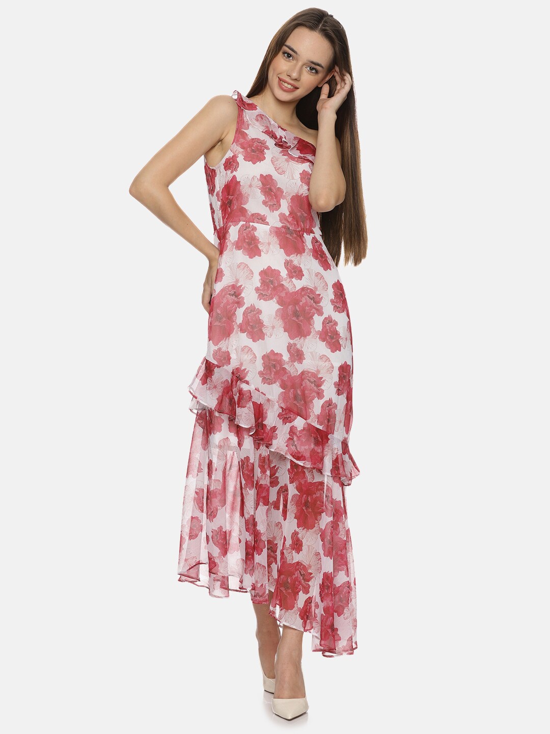 

ISU Floral Printed One Shoulder A-Line Midi Dress, White