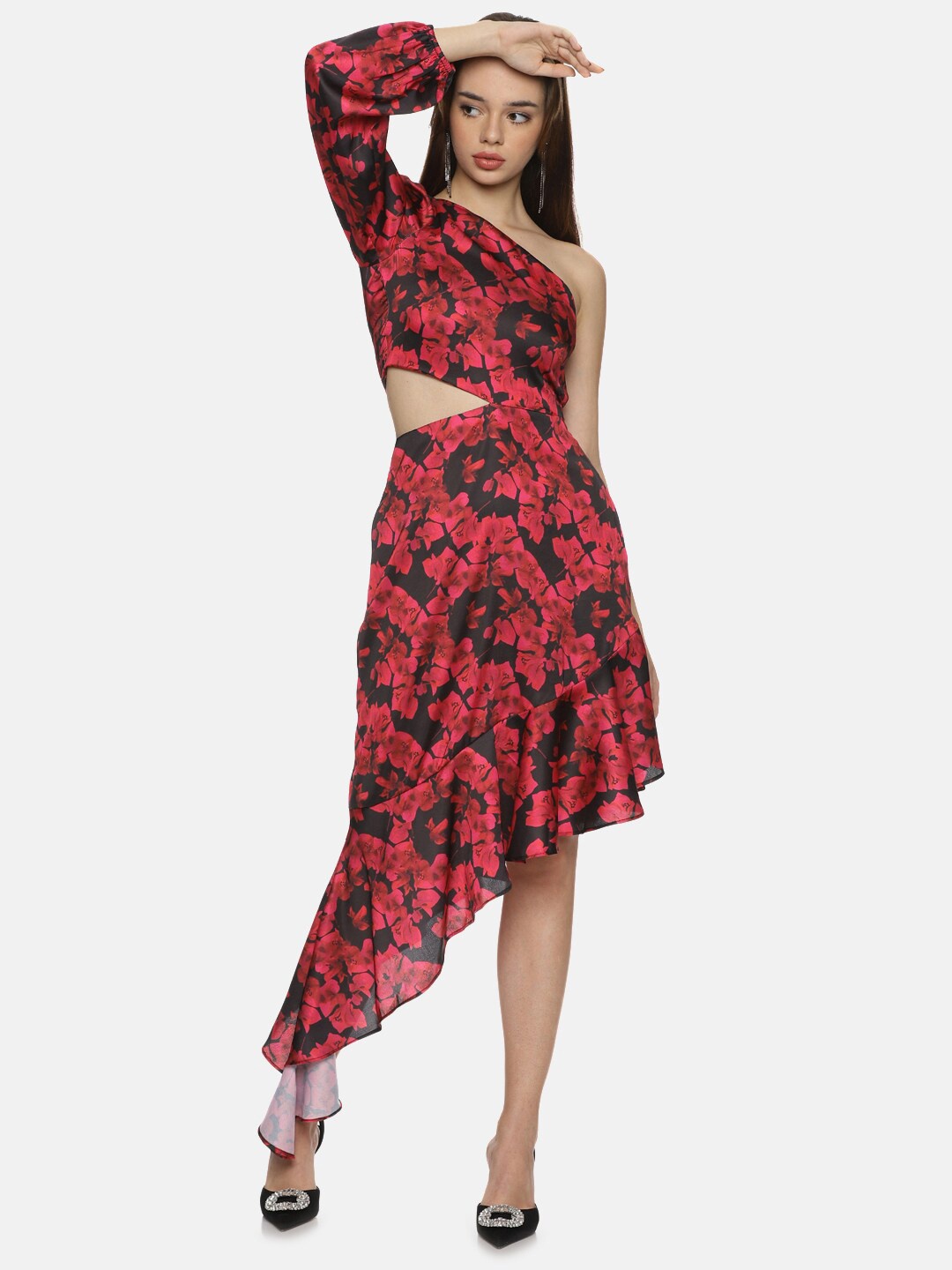 

ISU Floral Printed One Shoulder Cut Out Satin A-Line Midi Dress, Red