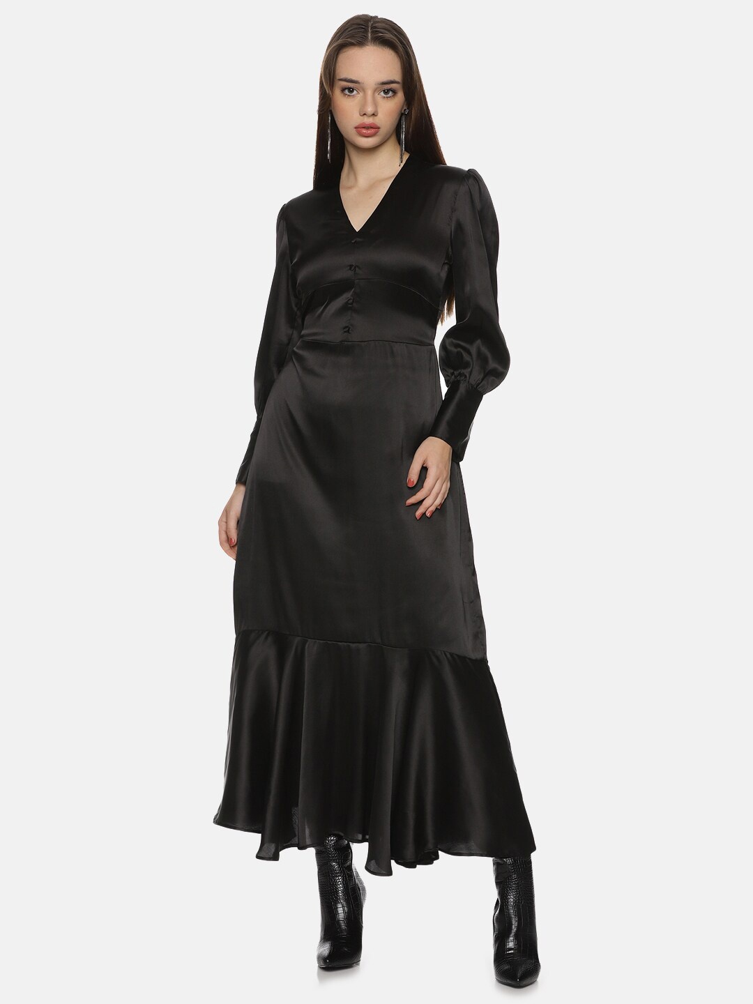 

ISU V-neck Satin A-Line Dress, Black