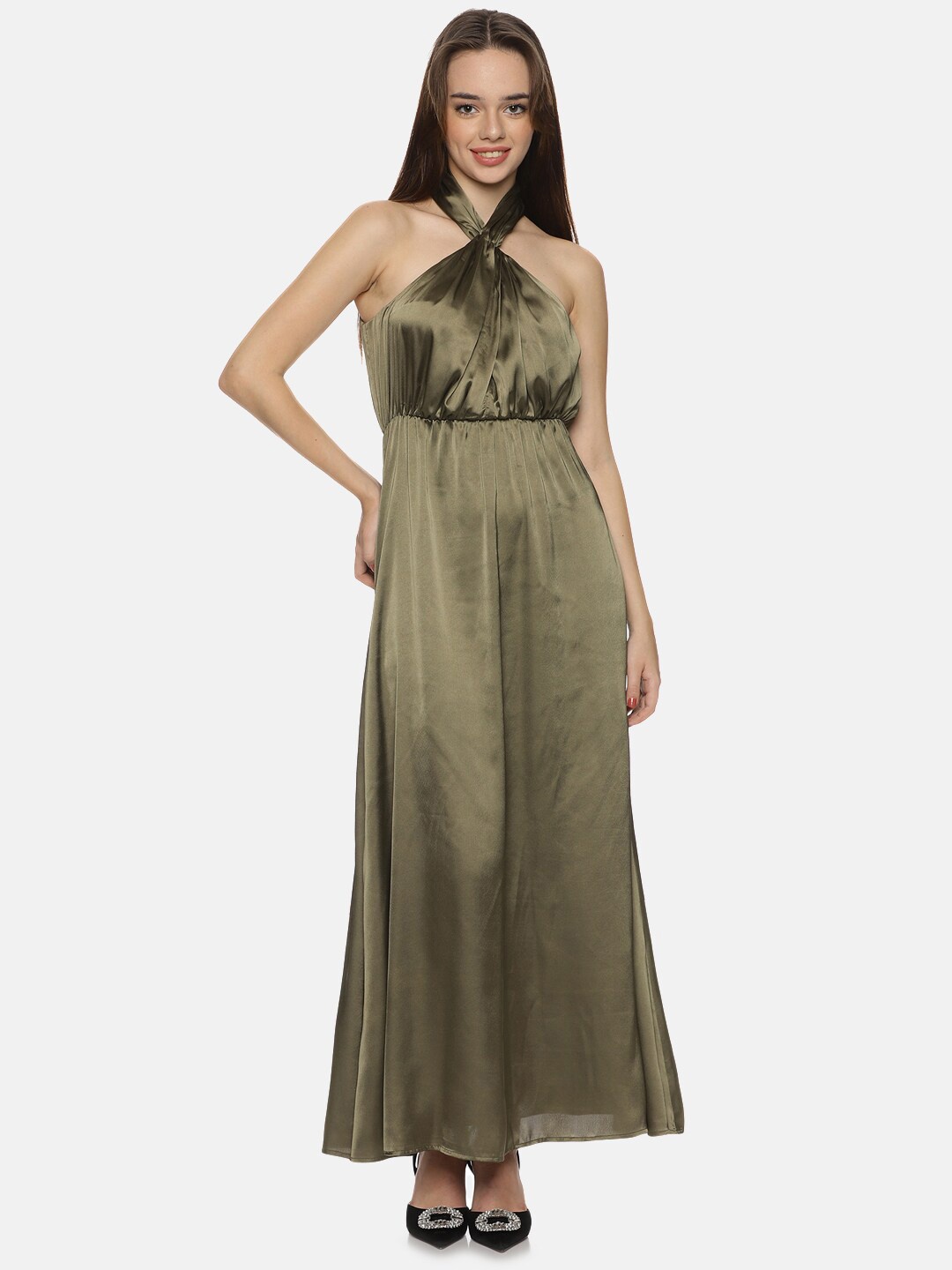 

ISU Halter Neck Satin A-Line Maxi Dress, Olive