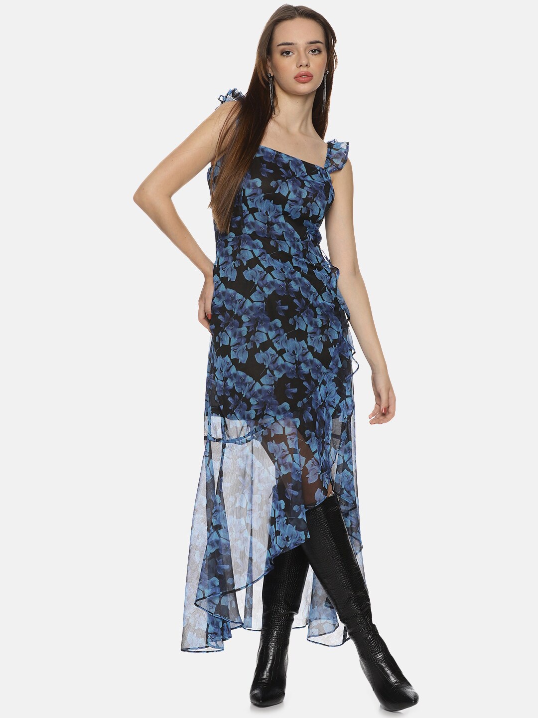 

ISU Floral Printed A-Line Midi Dress, Blue