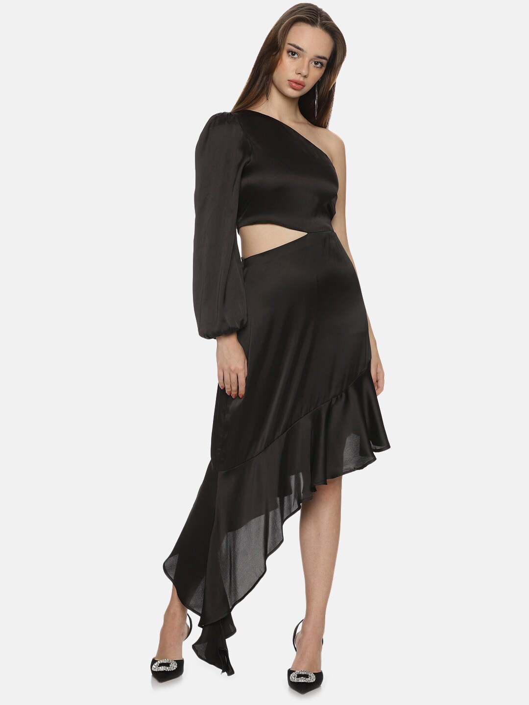 

ISU One Shoulder Puff Sleeves Cut Out Satin A-Line Midi Dress, Black