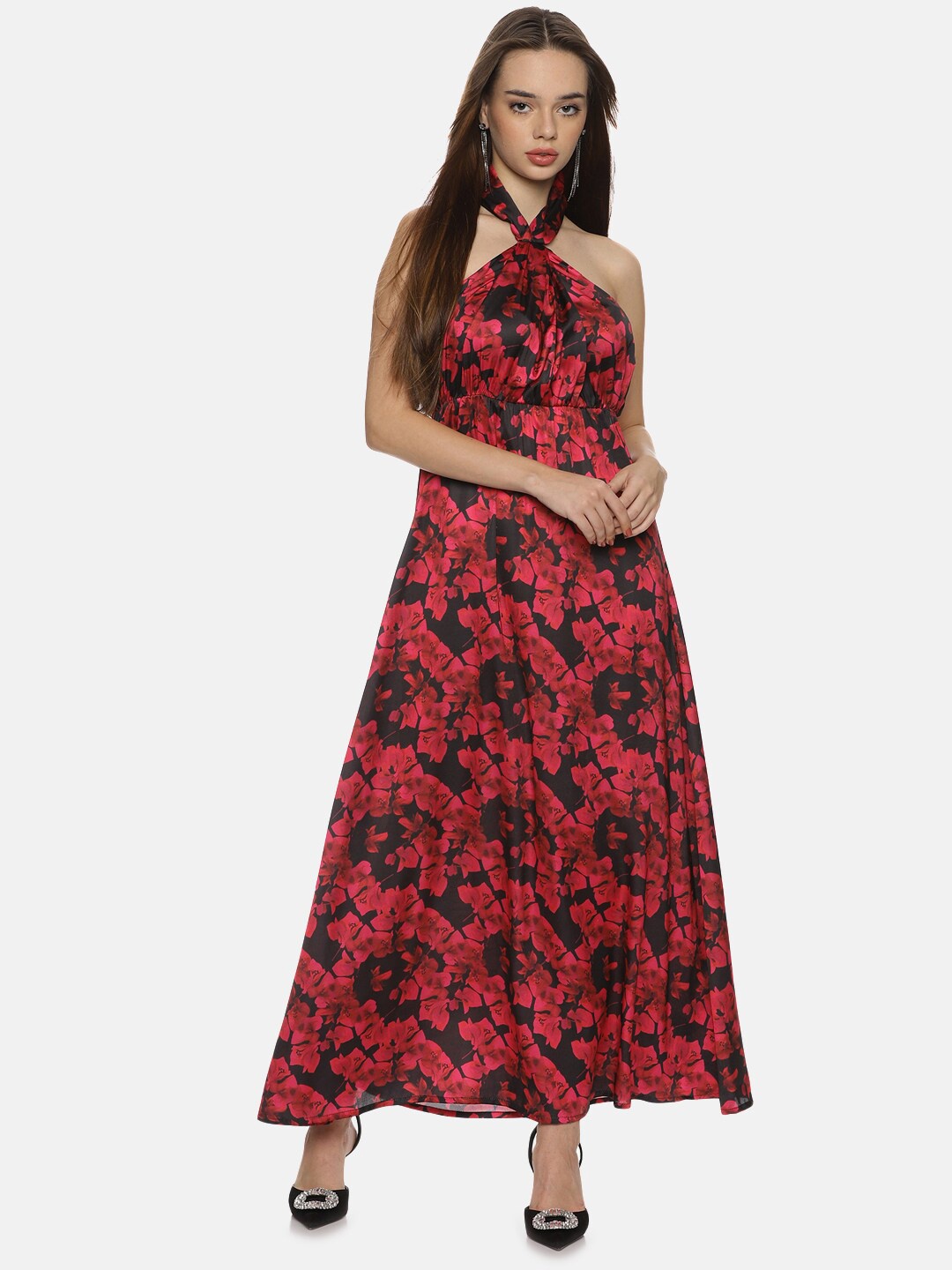 

ISU Floral Printed Halter Neck Satin Fit & Flare Maxi Dress, Black