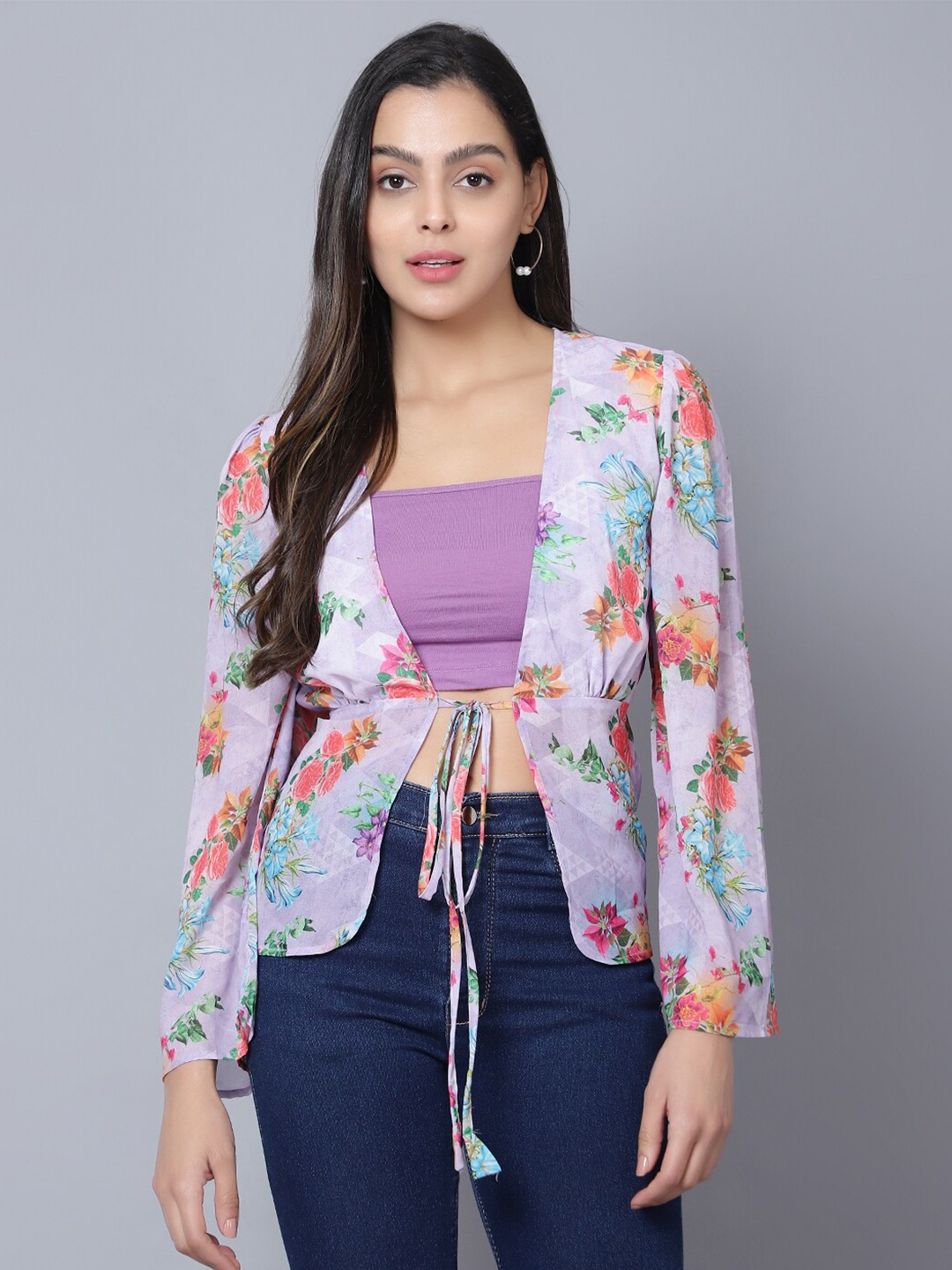 

DIAZ Floral Printed Puff Sleeves Tie-Ups Detail Georgette Wrap Top, Purple