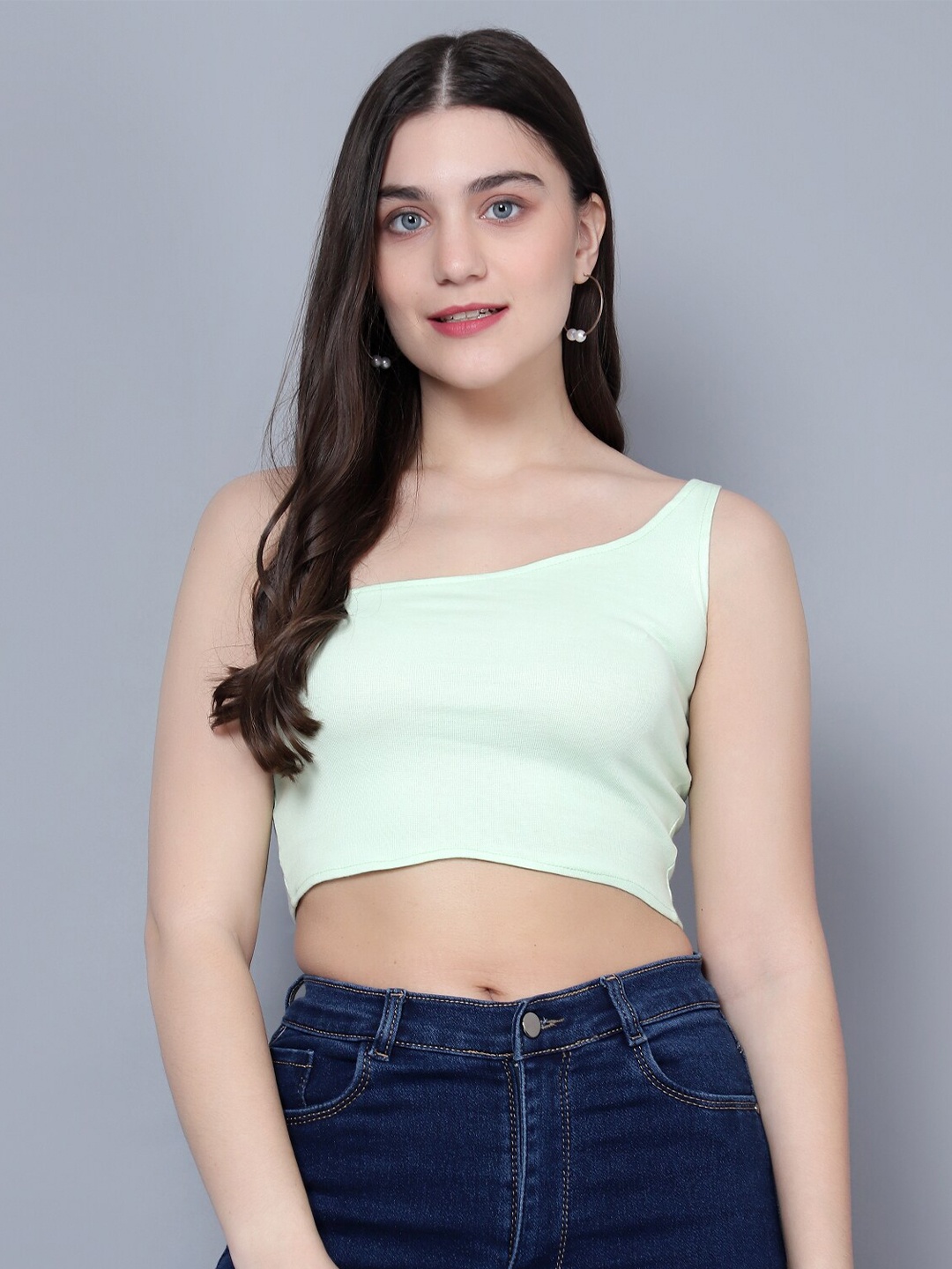 

DIAZ Ribbed One Shoulder Cotton Fitted Crop Top, Lime green