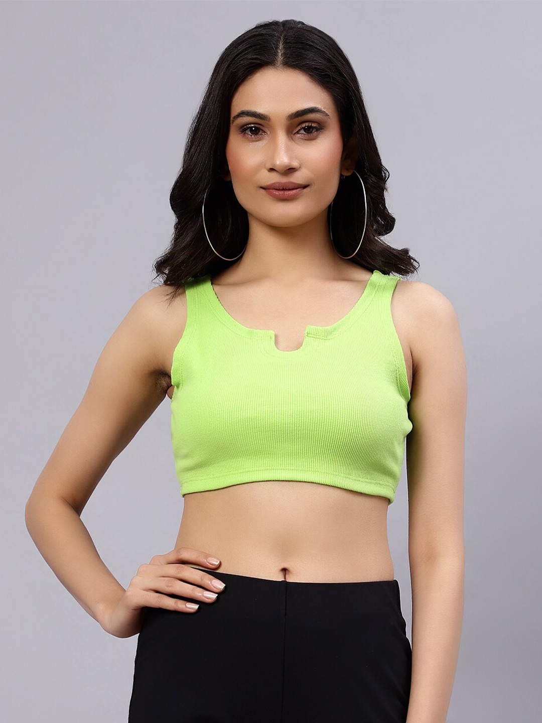

DIAZ Shoulder Straps Ribbed Cotton Fitted Crop Top, Lime green