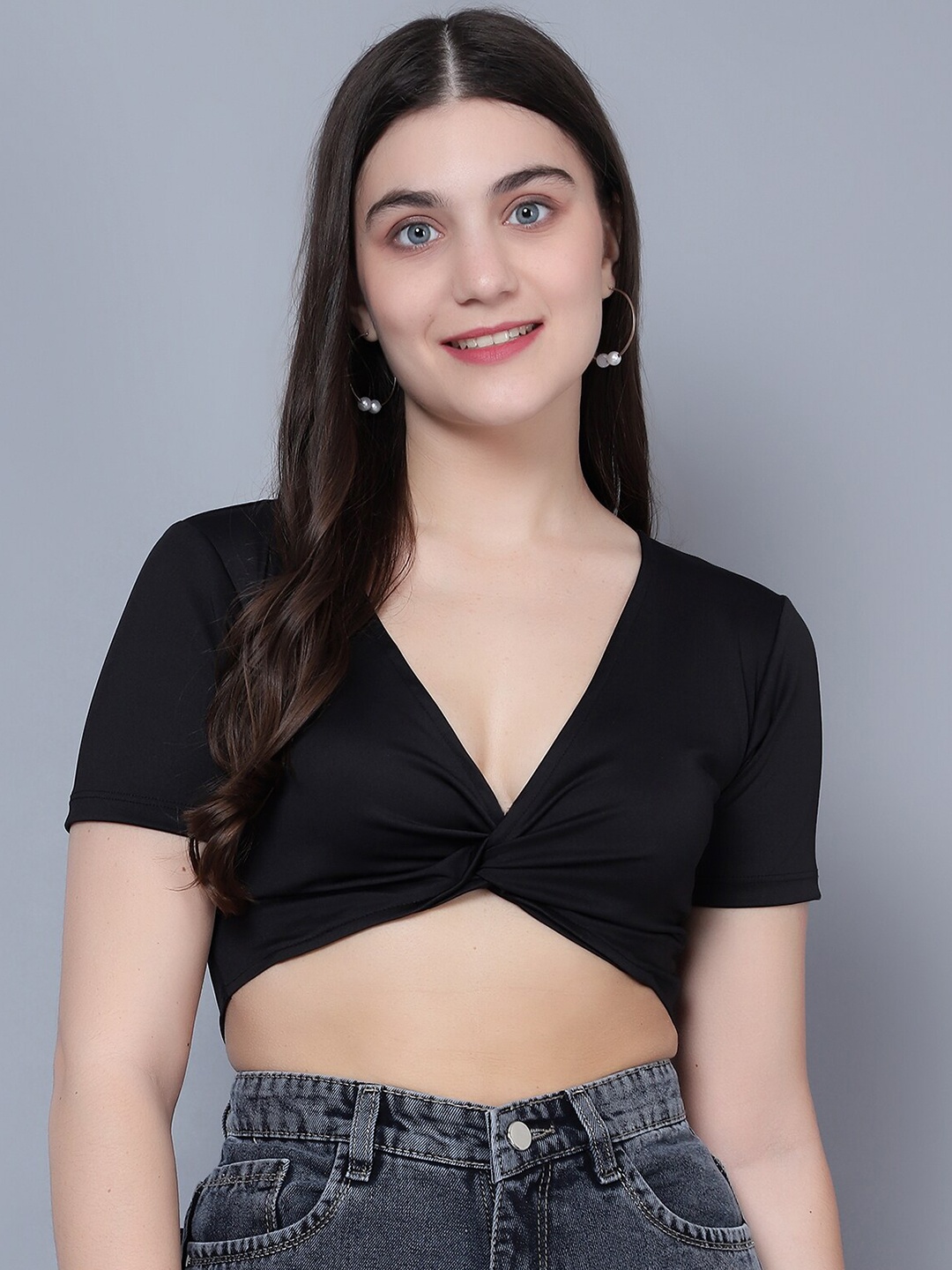 

DIAZ V-Neck Short Sleeves Twisted Fitted Crop Top, Black