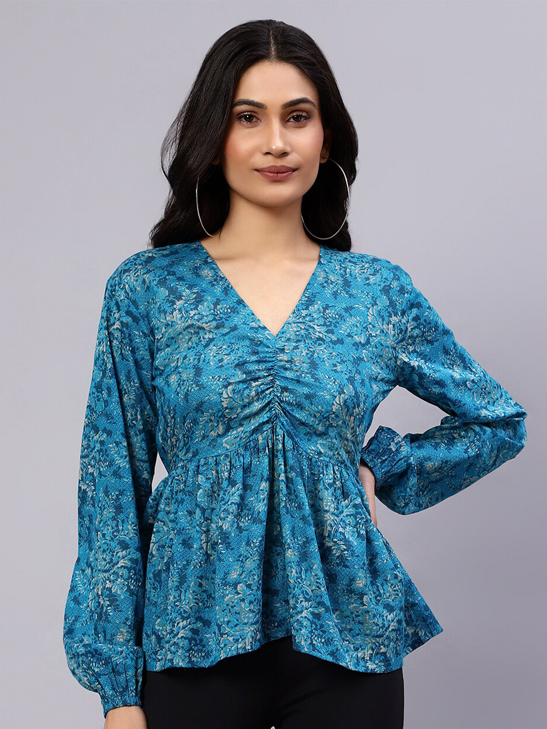 

DIAZ Floral Printed V-Neck Puff Sleeve Cotton Top, Blue