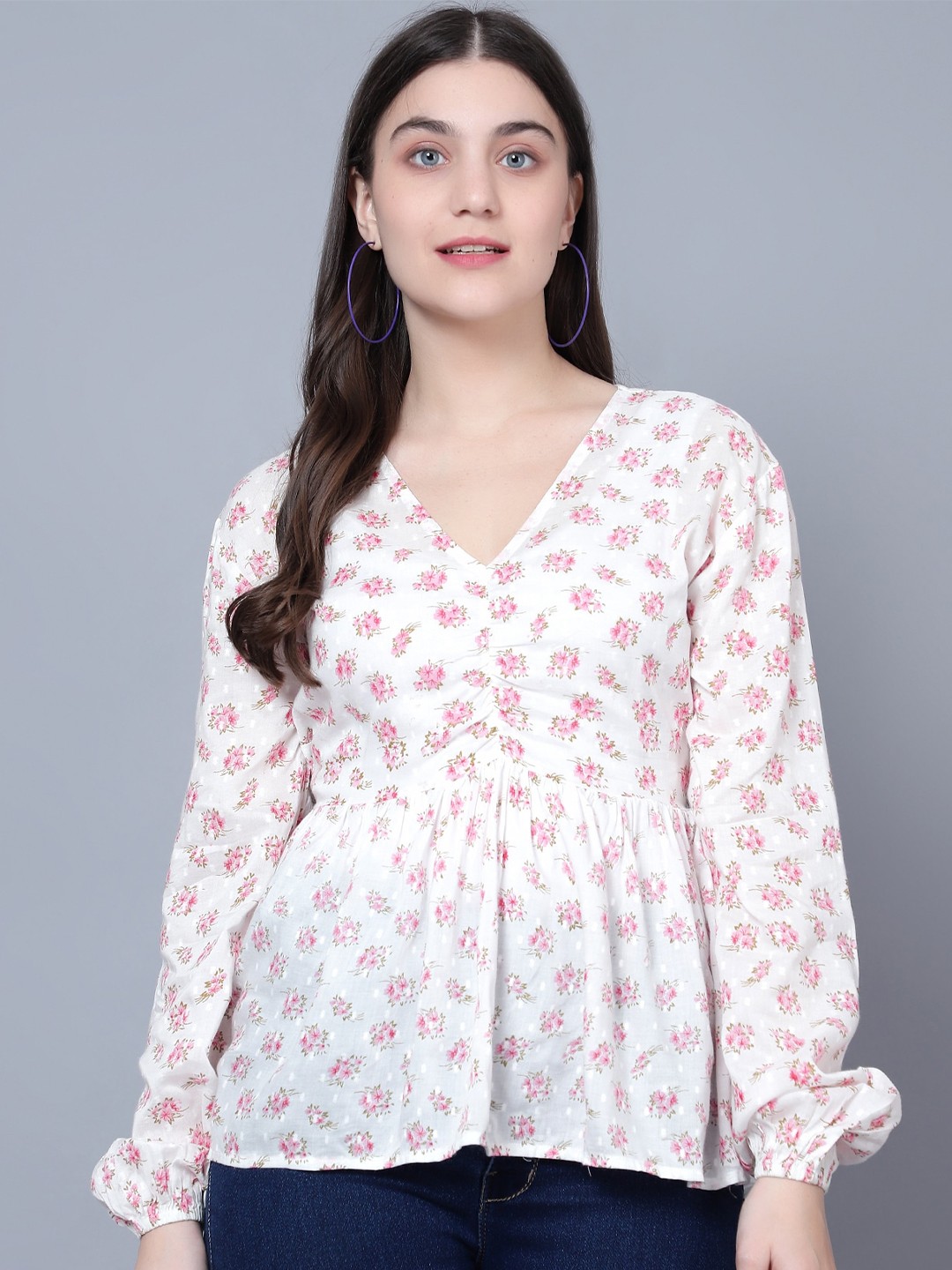 

DIAZ Floral Printed V-Neck Cotton Top, White