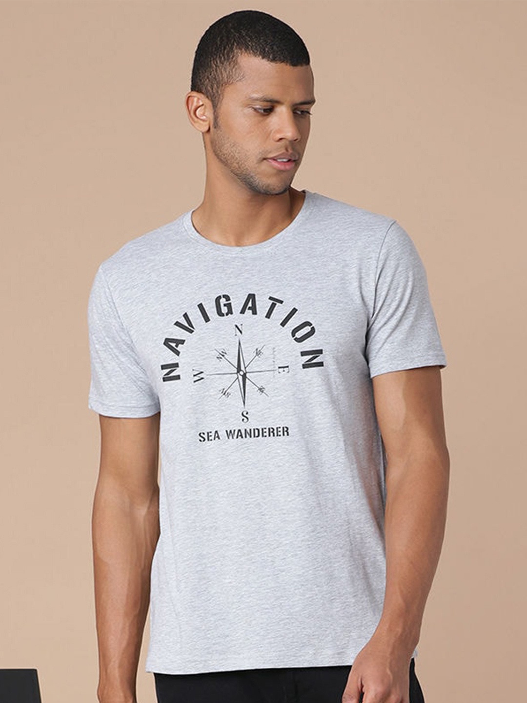 

Quwa Typography Printed Round Neck Cotton T-shirt, Grey melange